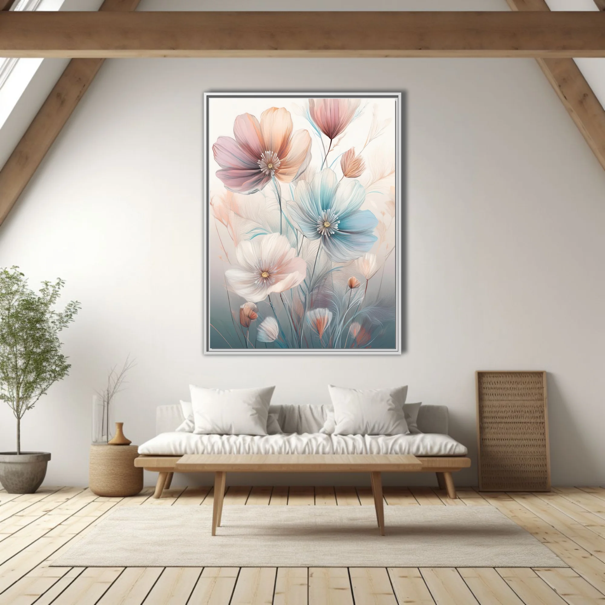 Pastel abstract floral illustration with translucent blooms in blush, blue, and peach tones