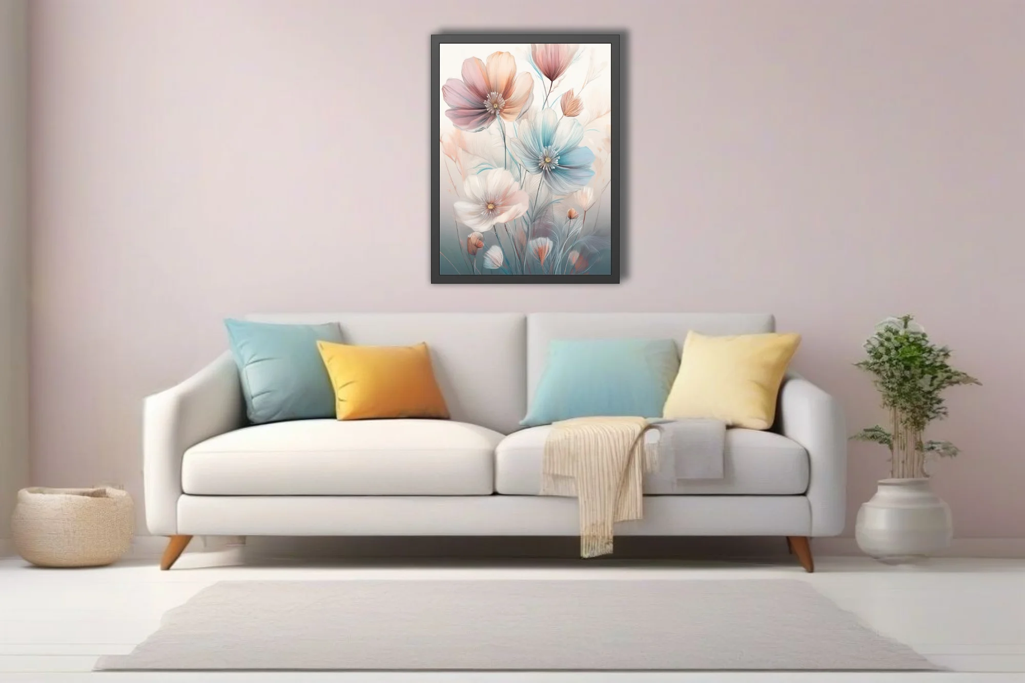 Pastel abstract floral illustration with translucent blooms in blush, blue, and peach tones