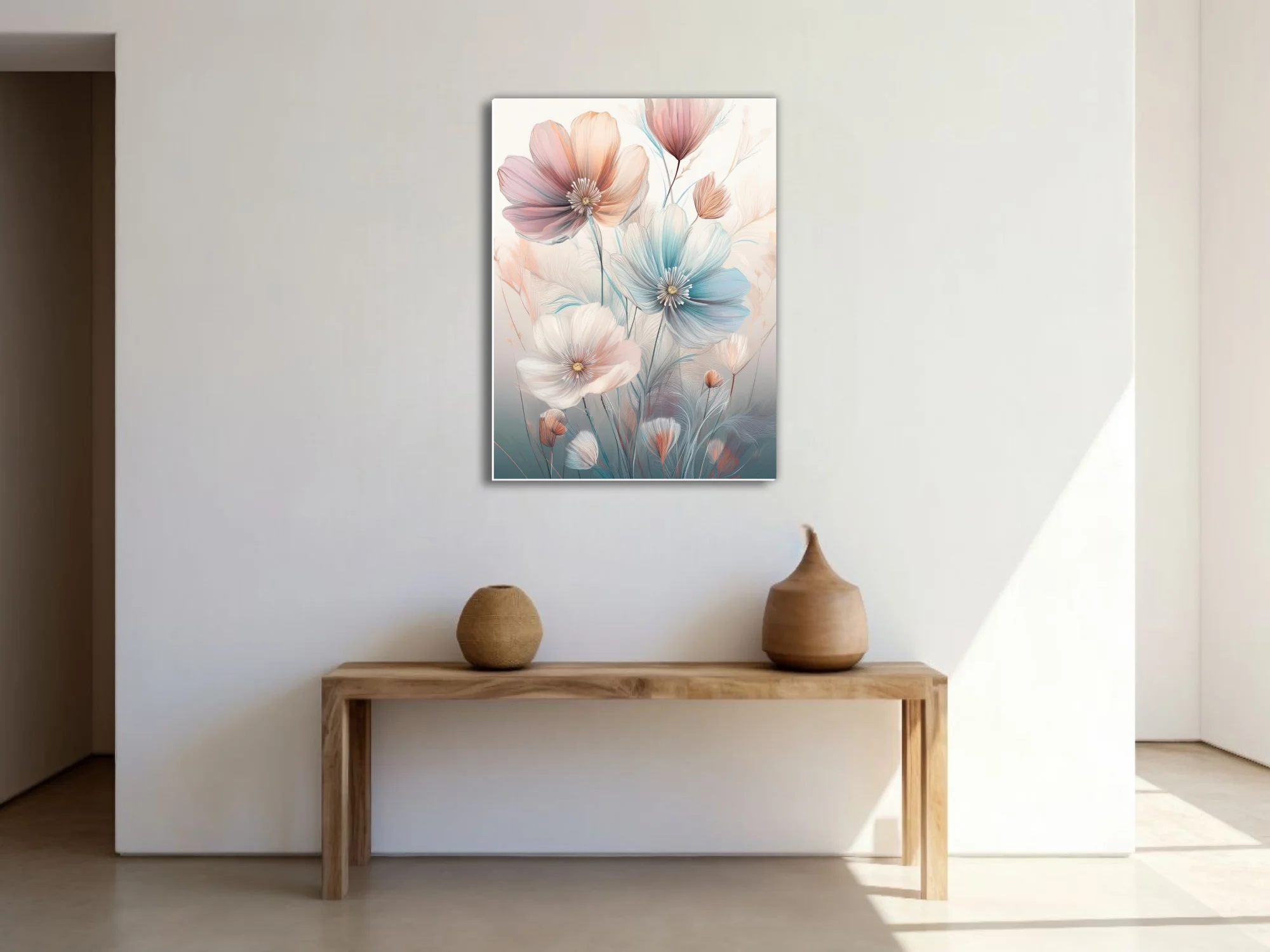 Pastel abstract floral illustration with translucent blooms in blush, blue, and peach tones