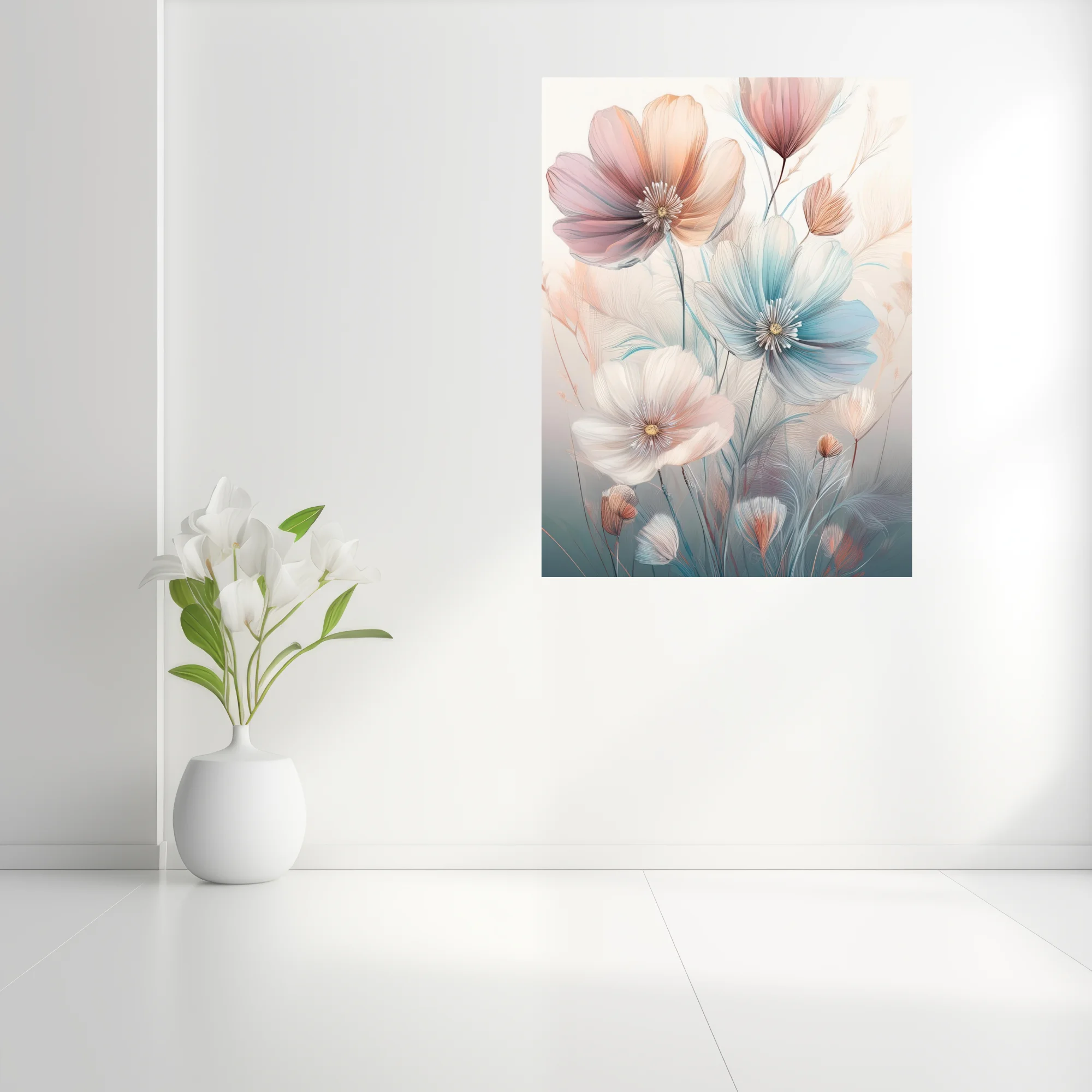 Pastel abstract floral illustration with translucent blooms in blush, blue, and peach tones