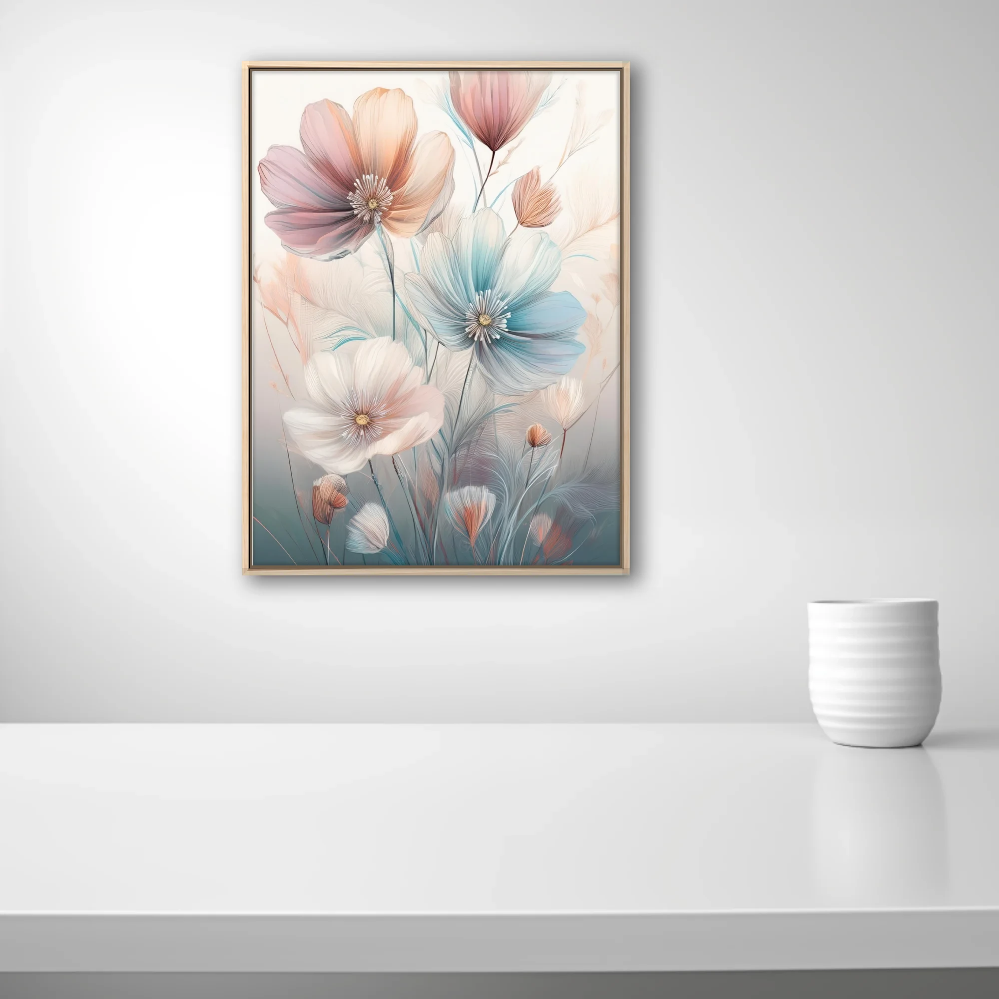 Pastel abstract floral illustration with translucent blooms in blush, blue, and peach tones