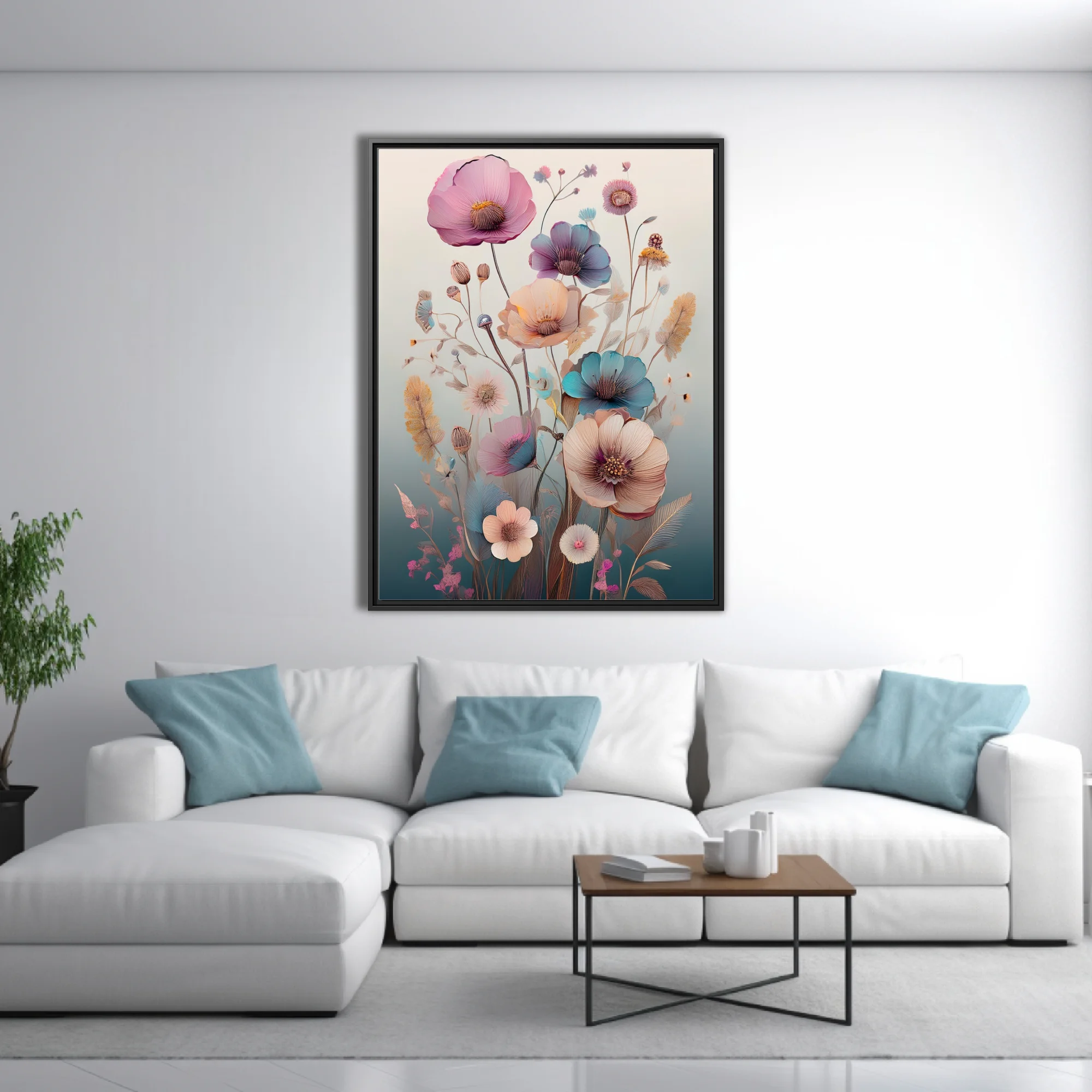 Pastel abstract botanical illustration with watercolor-style florals in pink, blue, and peach