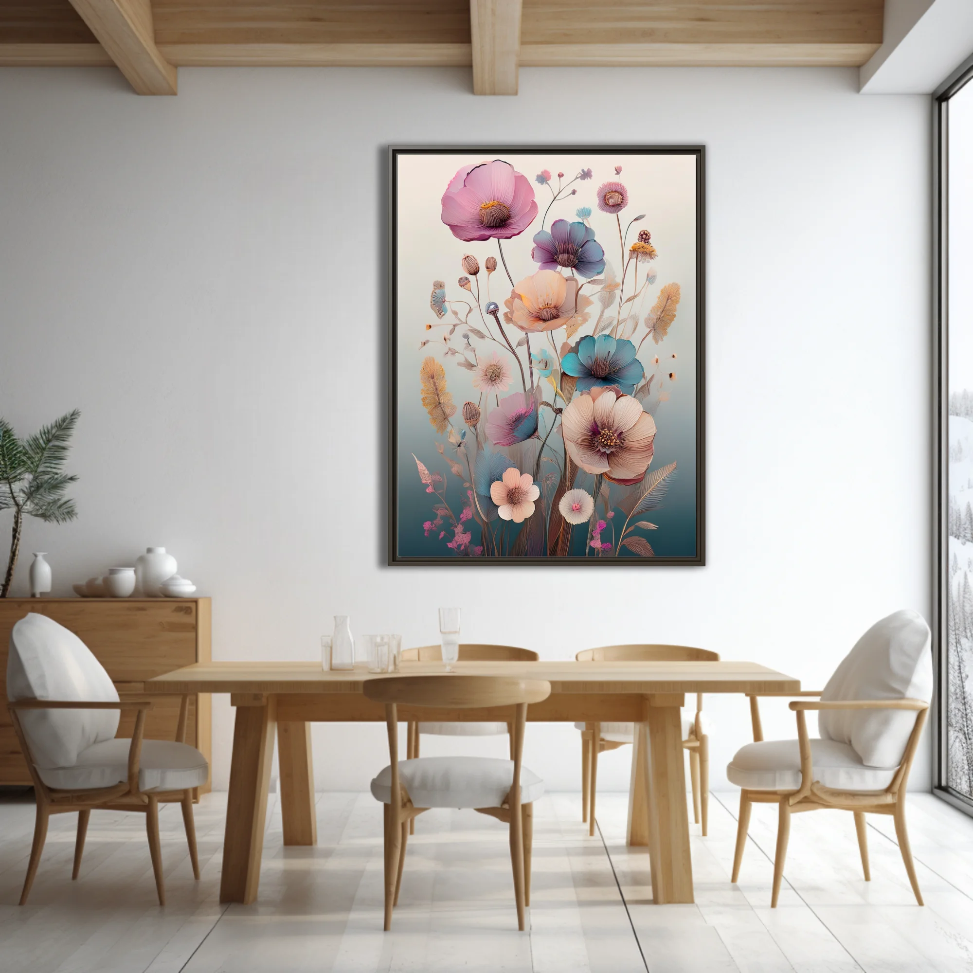 Pastel abstract botanical illustration with watercolor-style florals in pink, blue, and peach