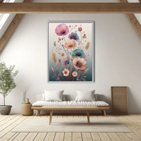 Pastel abstract botanical illustration with watercolor-style florals in pink, blue, and peach