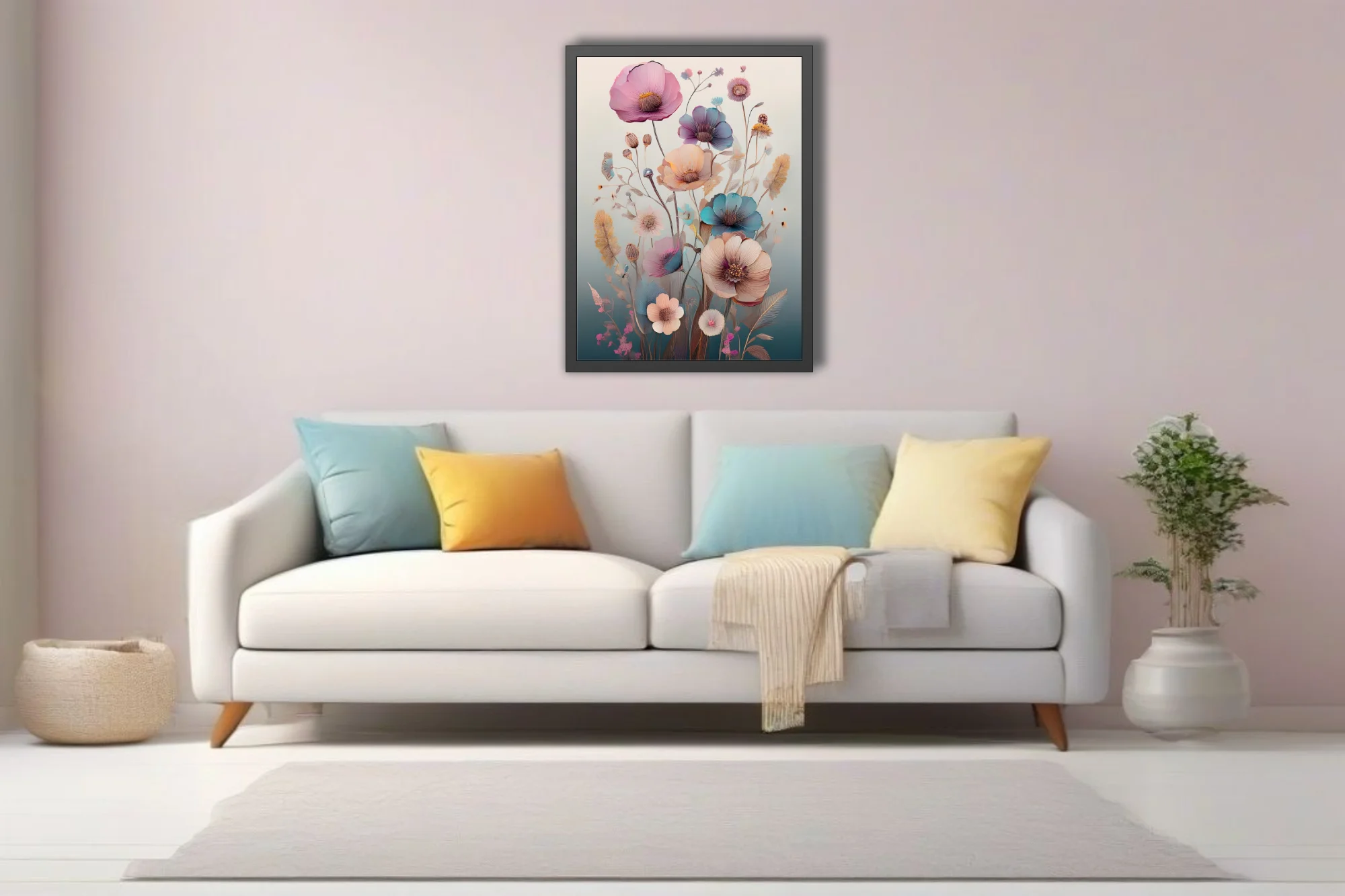Pastel abstract botanical illustration with watercolor-style florals in pink, blue, and peach