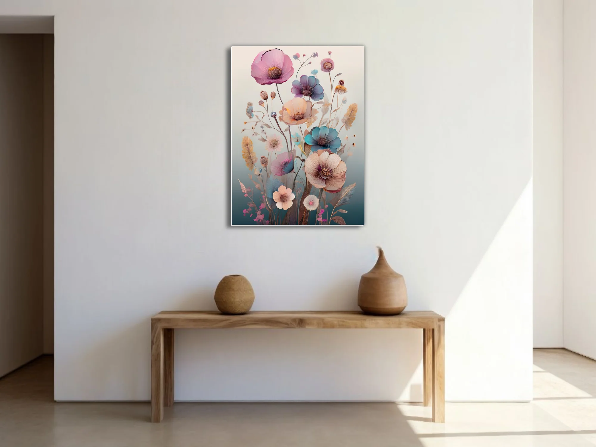 Pastel abstract botanical illustration with watercolor-style florals in pink, blue, and peach