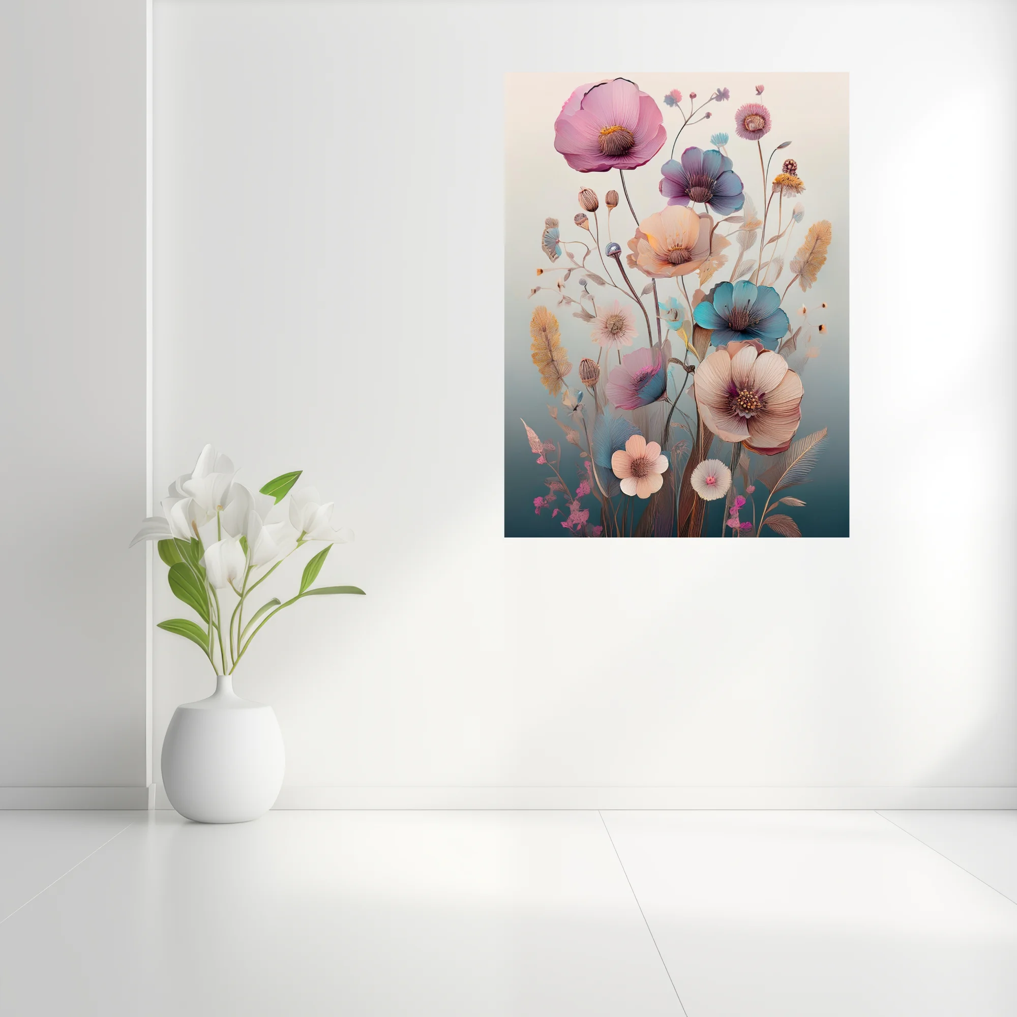 Pastel abstract botanical illustration with watercolor-style florals in pink, blue, and peach