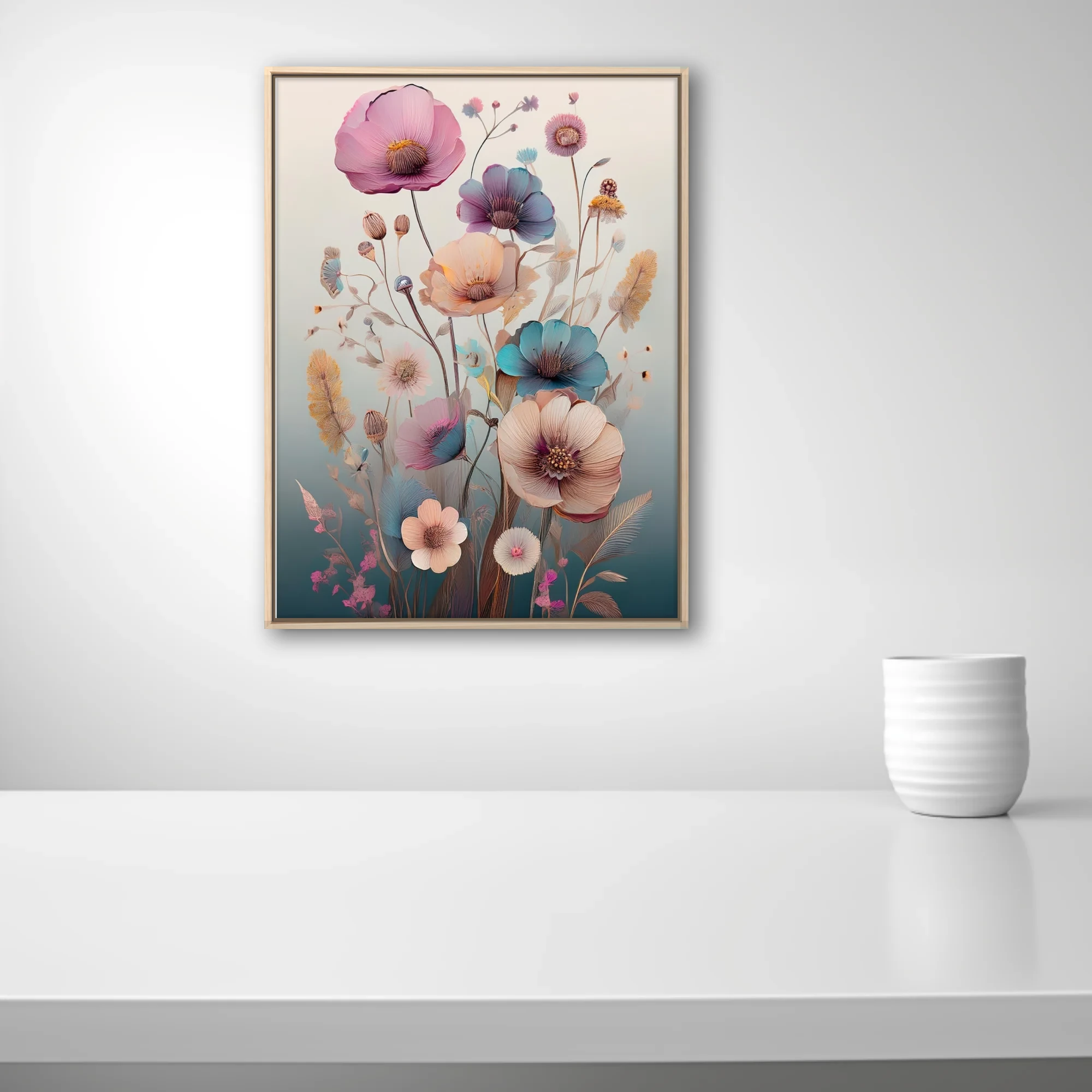 Pastel abstract botanical illustration with watercolor-style florals in pink, blue, and peach