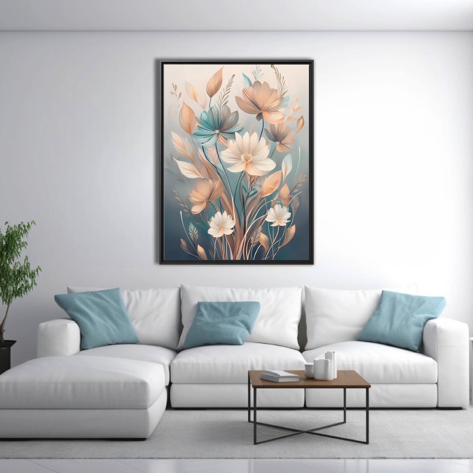 Boho botanical floral illustration in soft peach, teal, and ivory tones