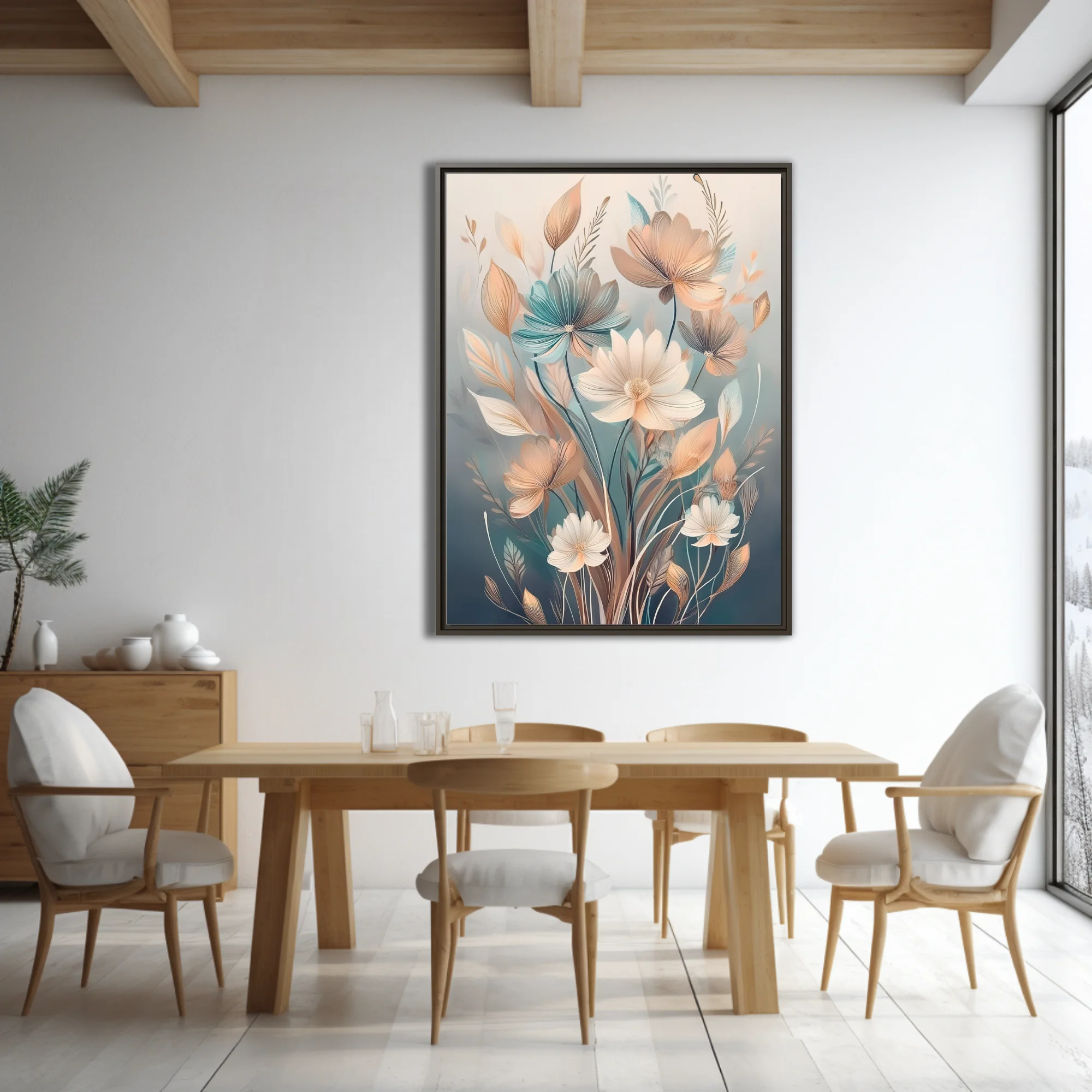 Boho botanical floral illustration in soft peach, teal, and ivory tones