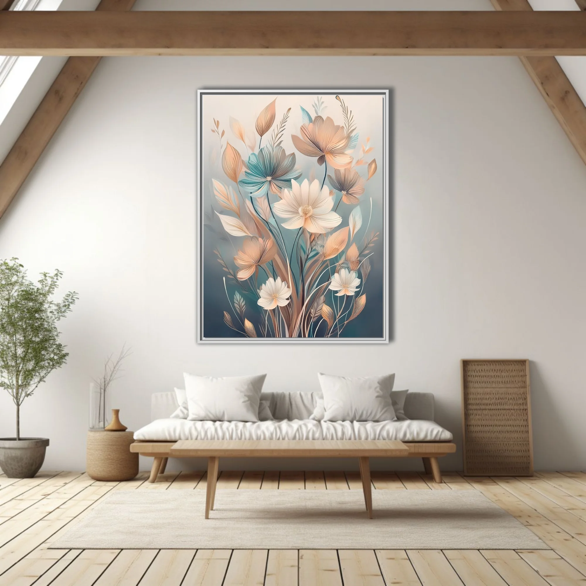 Boho botanical floral illustration in soft peach, teal, and ivory tones