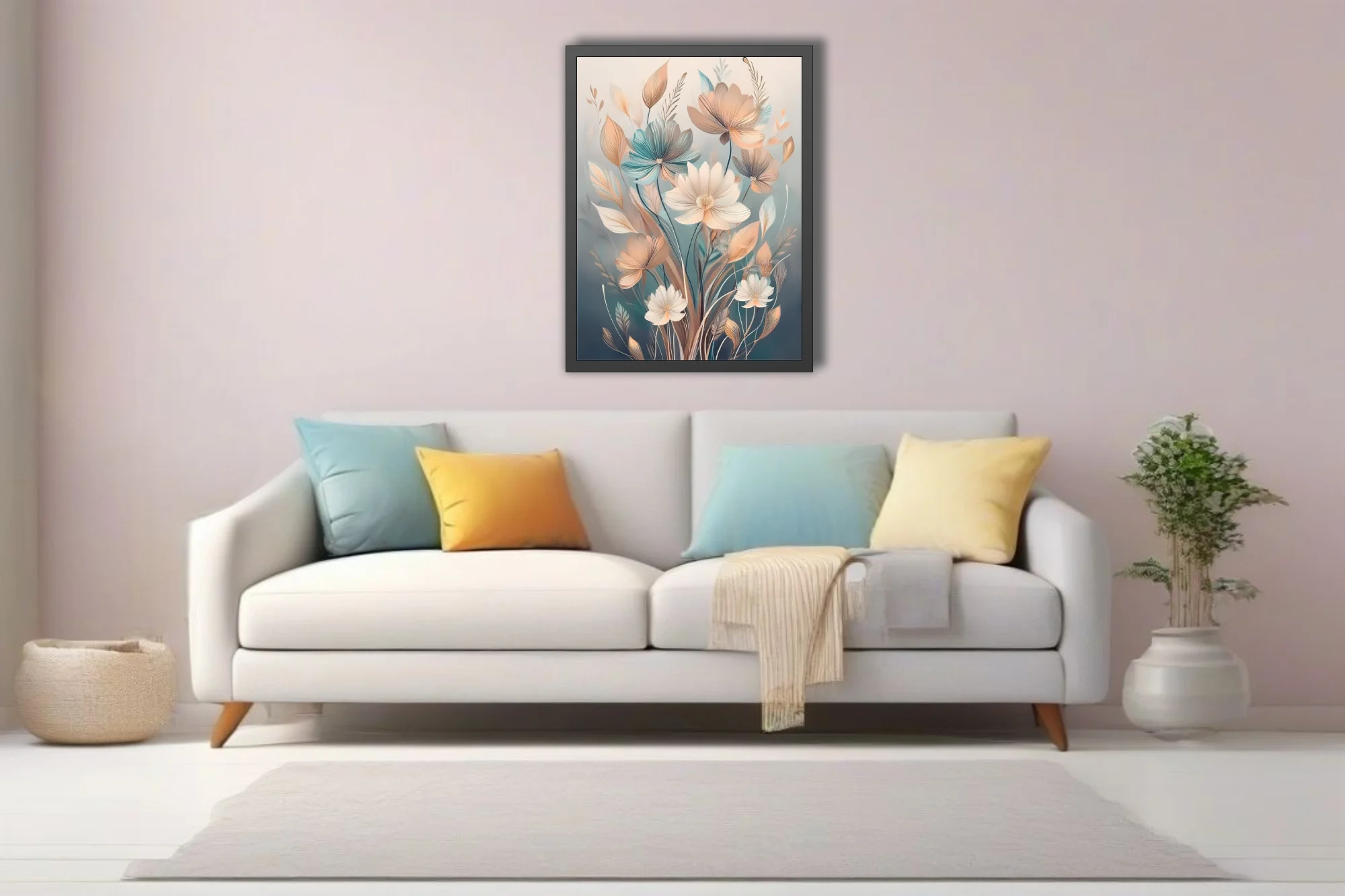 Boho botanical floral illustration in soft peach, teal, and ivory tones