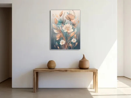 Boho botanical floral illustration in soft peach, teal, and ivory tones