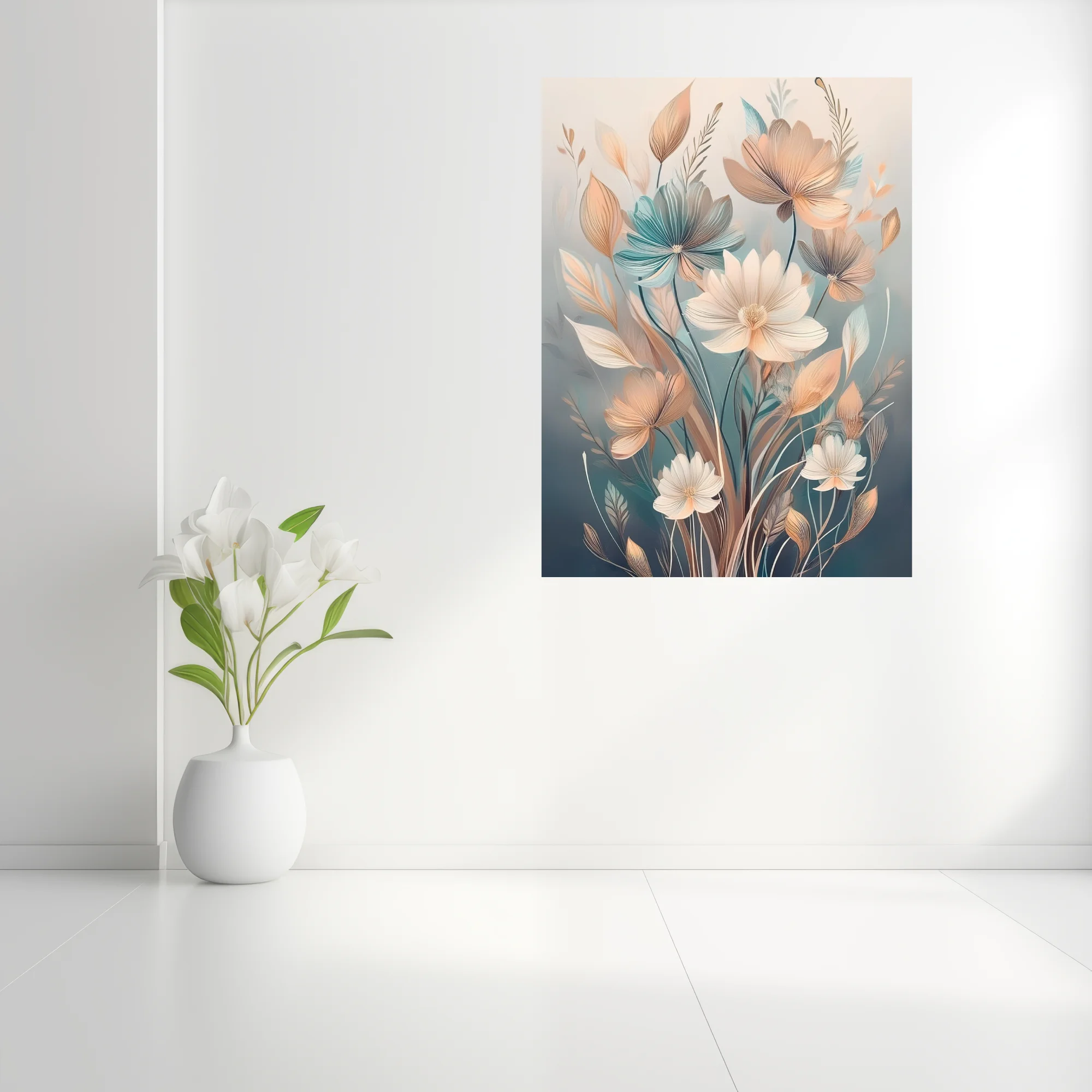 Boho botanical floral illustration in soft peach, teal, and ivory tones