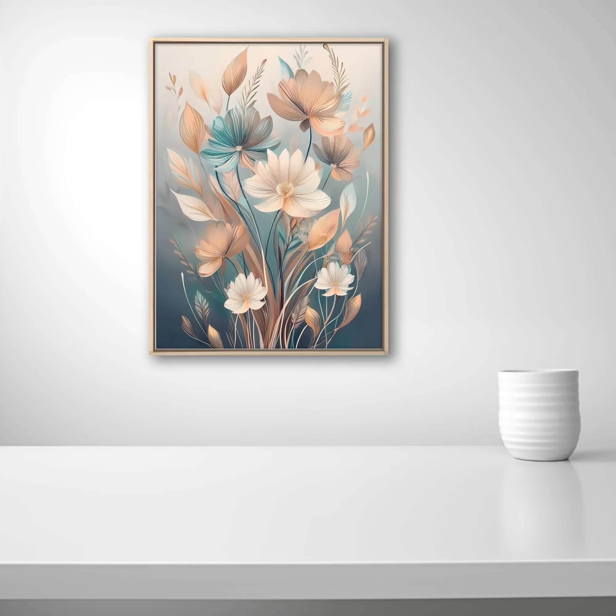 Boho botanical floral illustration in soft peach, teal, and ivory tones
