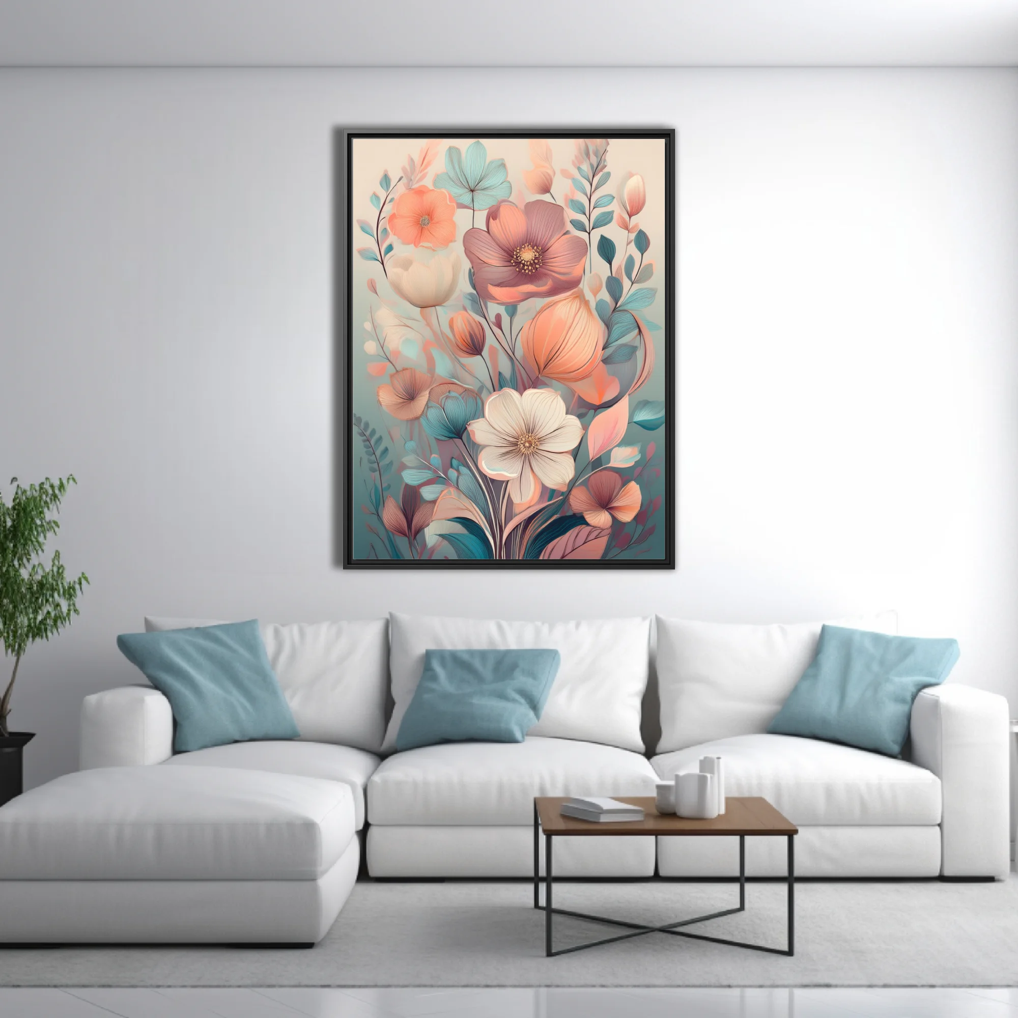 Soft pastel abstract botanical illustration with peach, rose, and teal floral forms