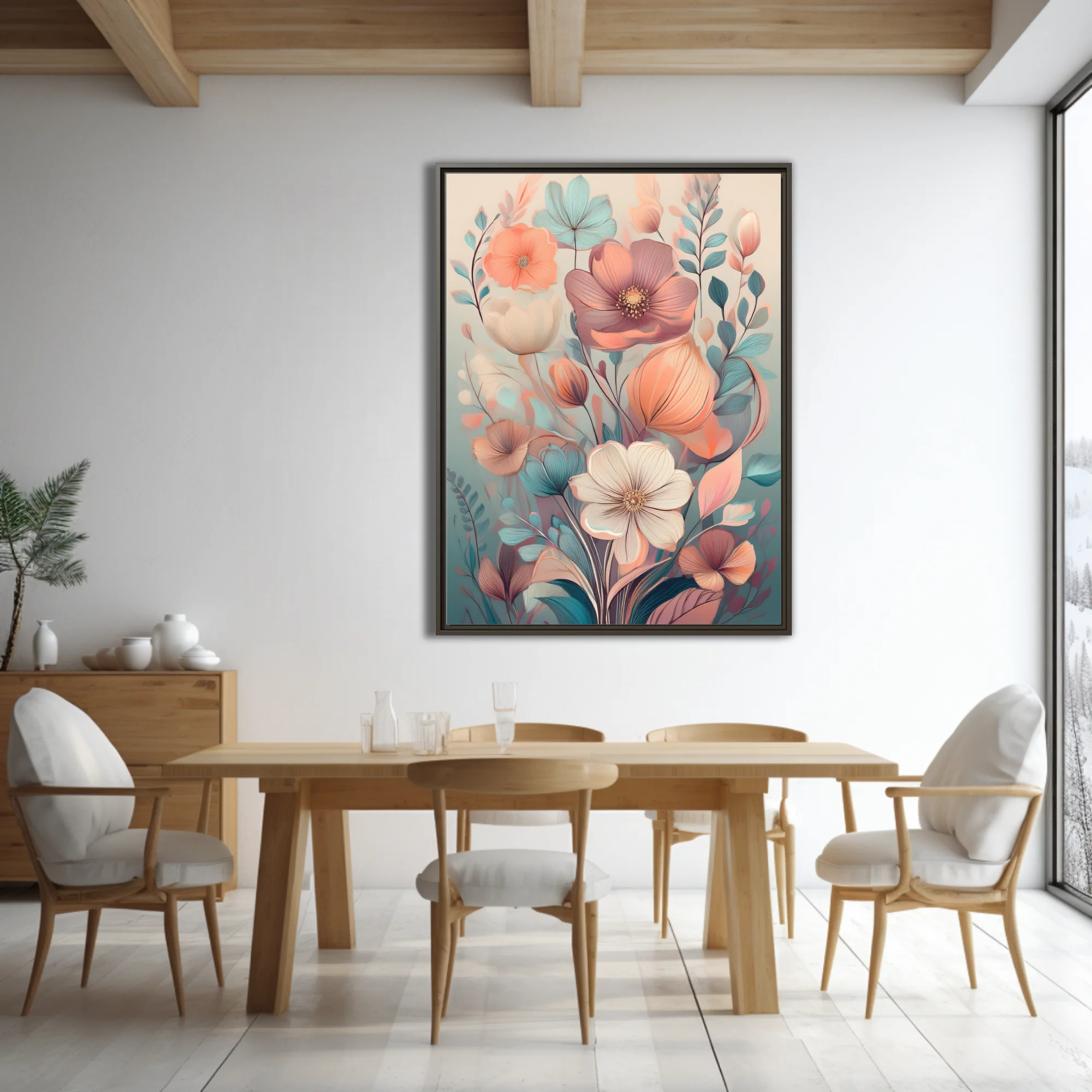 Soft pastel abstract botanical illustration with peach, rose, and teal floral forms