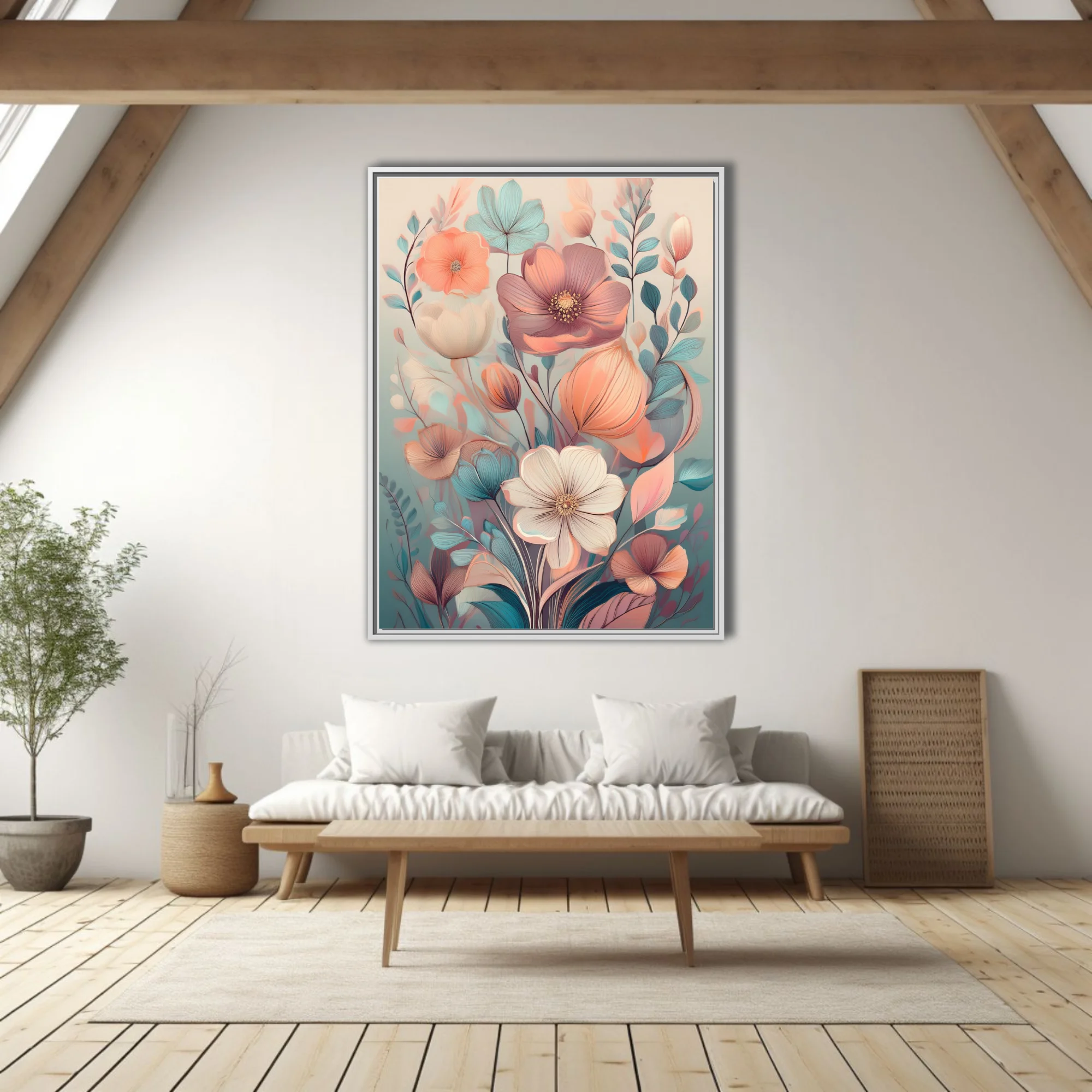 Soft pastel abstract botanical illustration with peach, rose, and teal floral forms