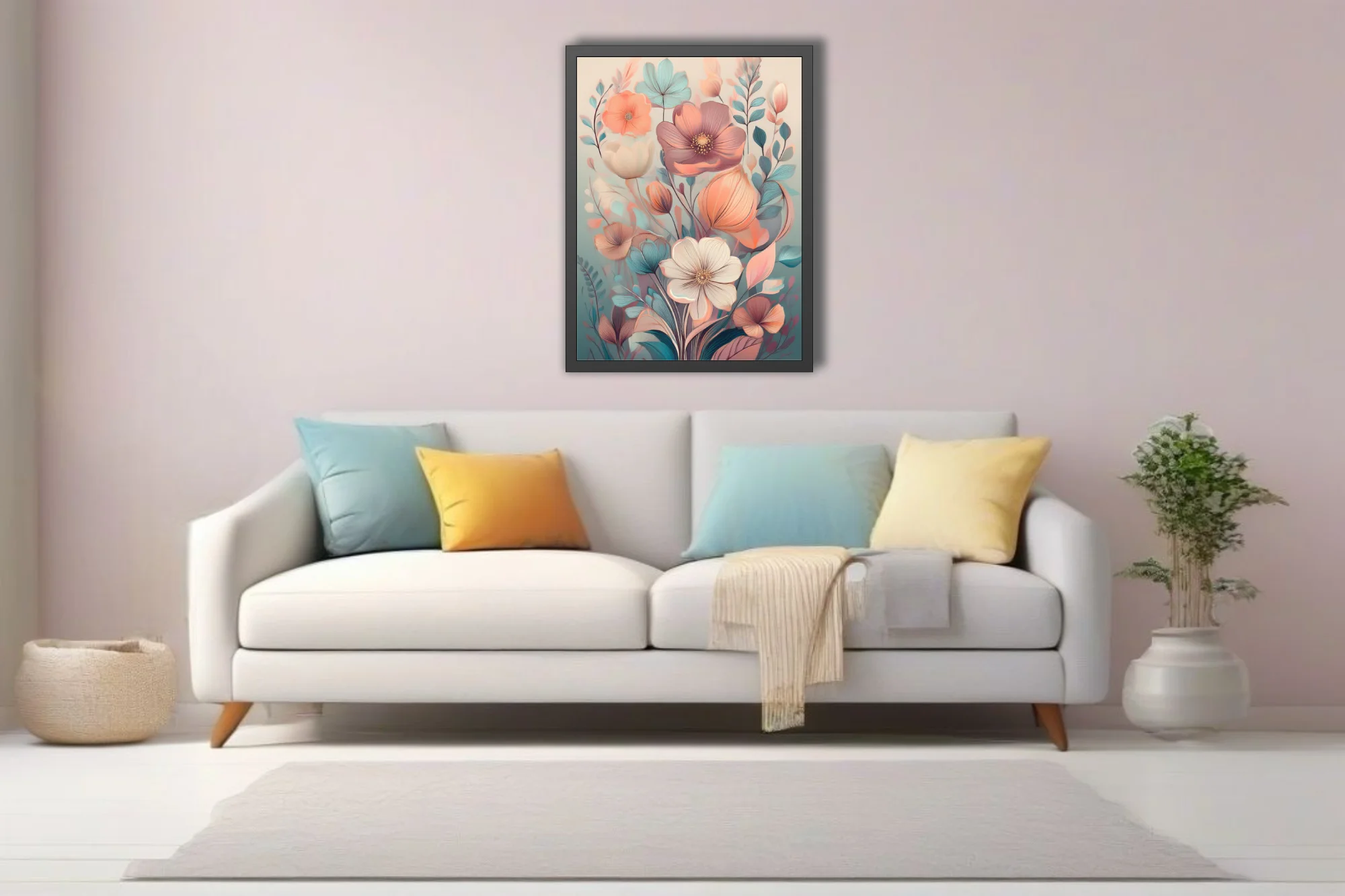 Soft pastel abstract botanical illustration with peach, rose, and teal floral forms