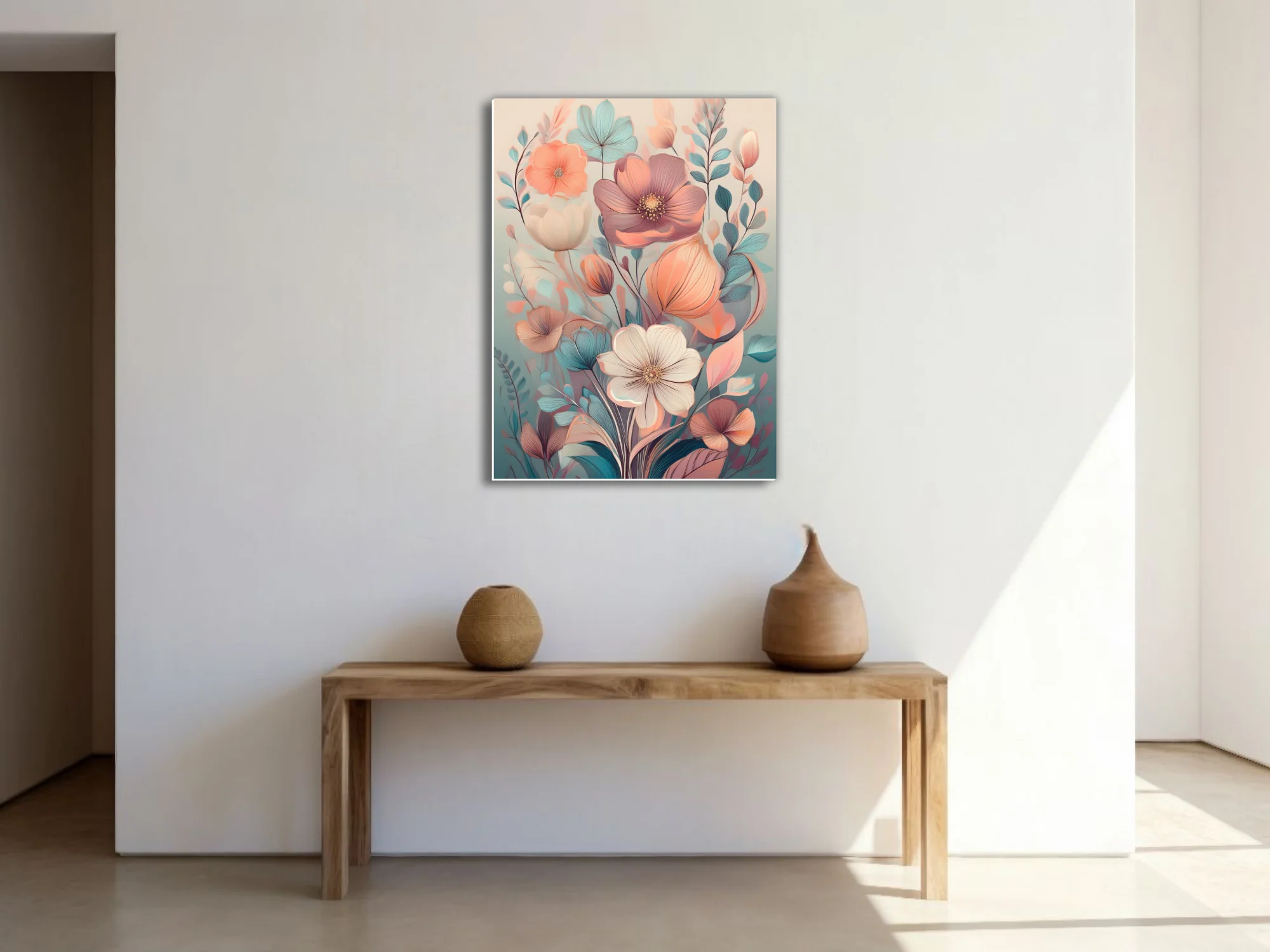 Soft pastel abstract botanical illustration with peach, rose, and teal floral forms