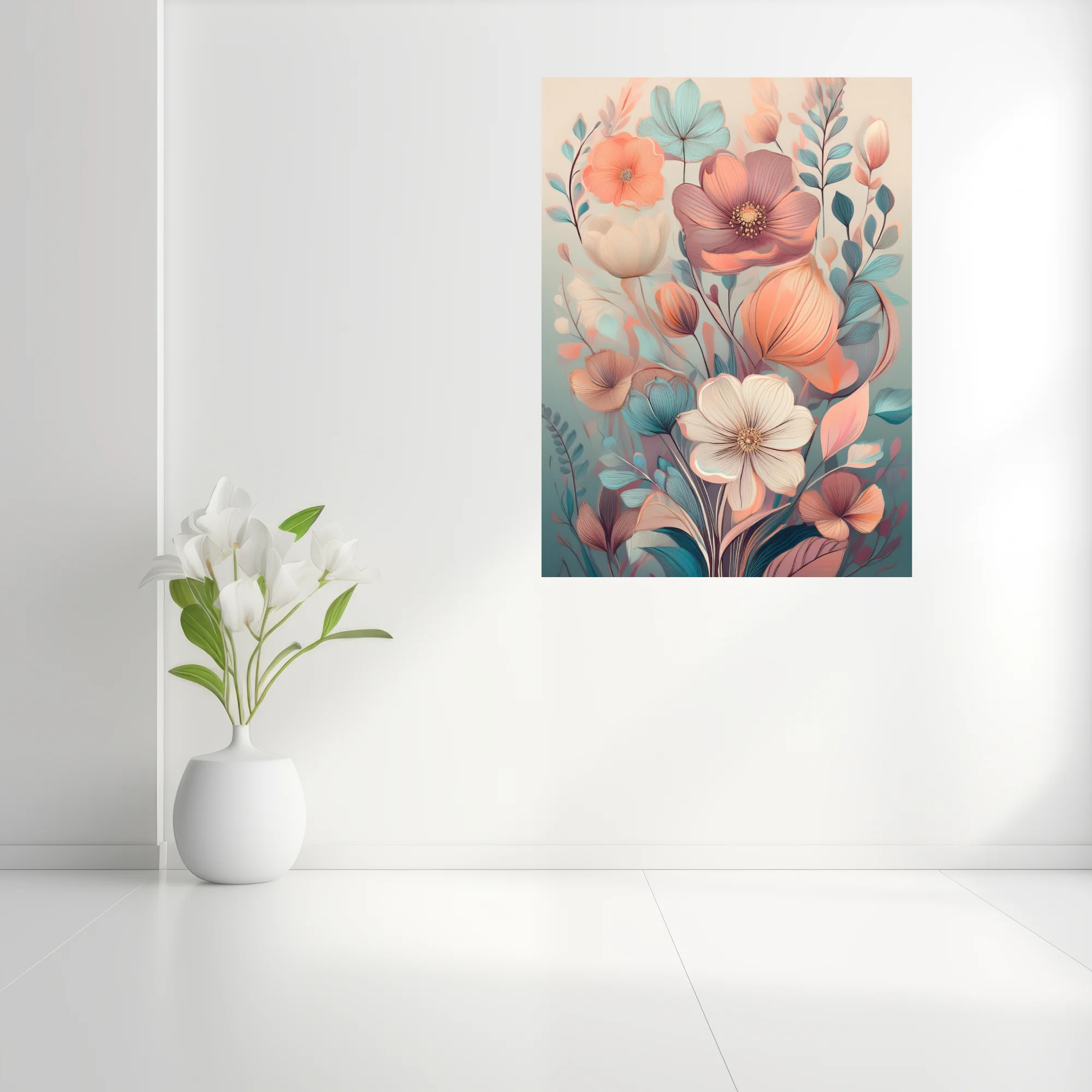 Soft pastel abstract botanical illustration with peach, rose, and teal floral forms