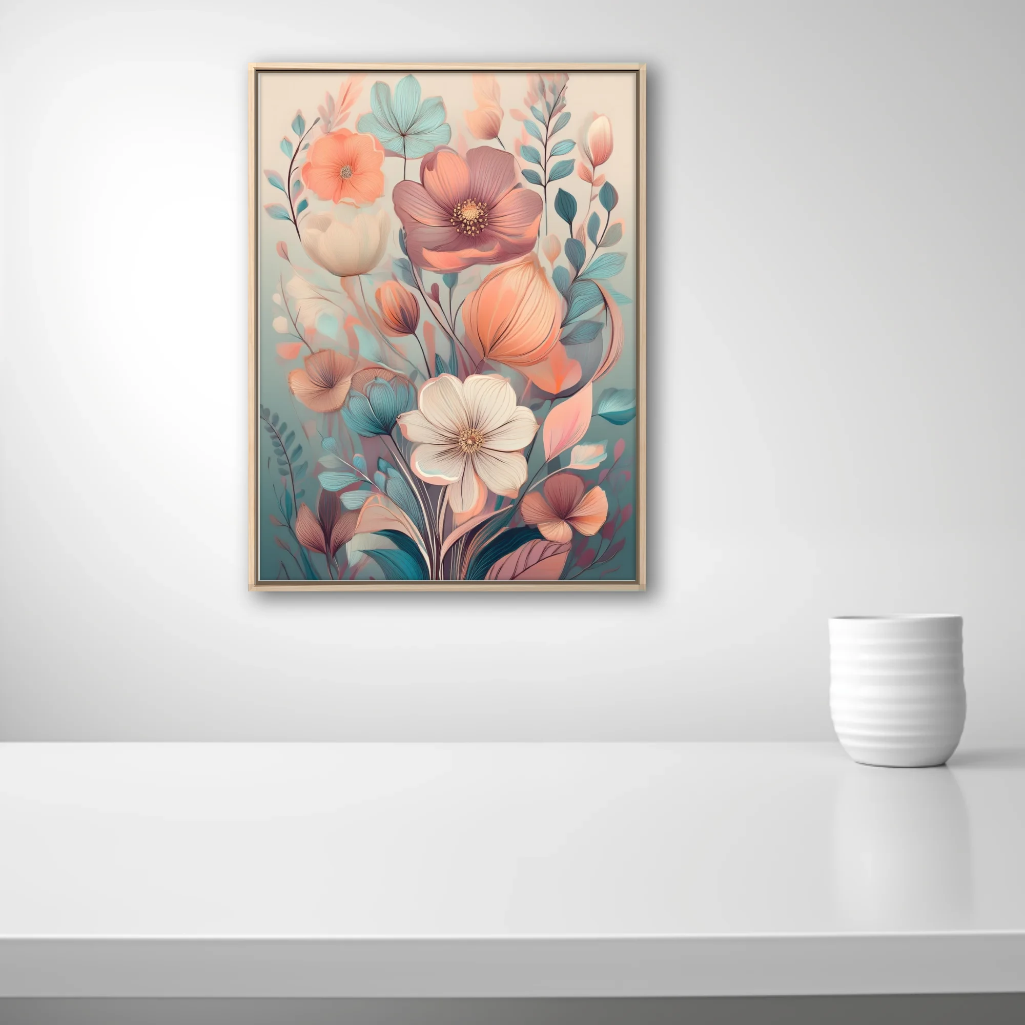 Soft pastel abstract botanical illustration with peach, rose, and teal floral forms