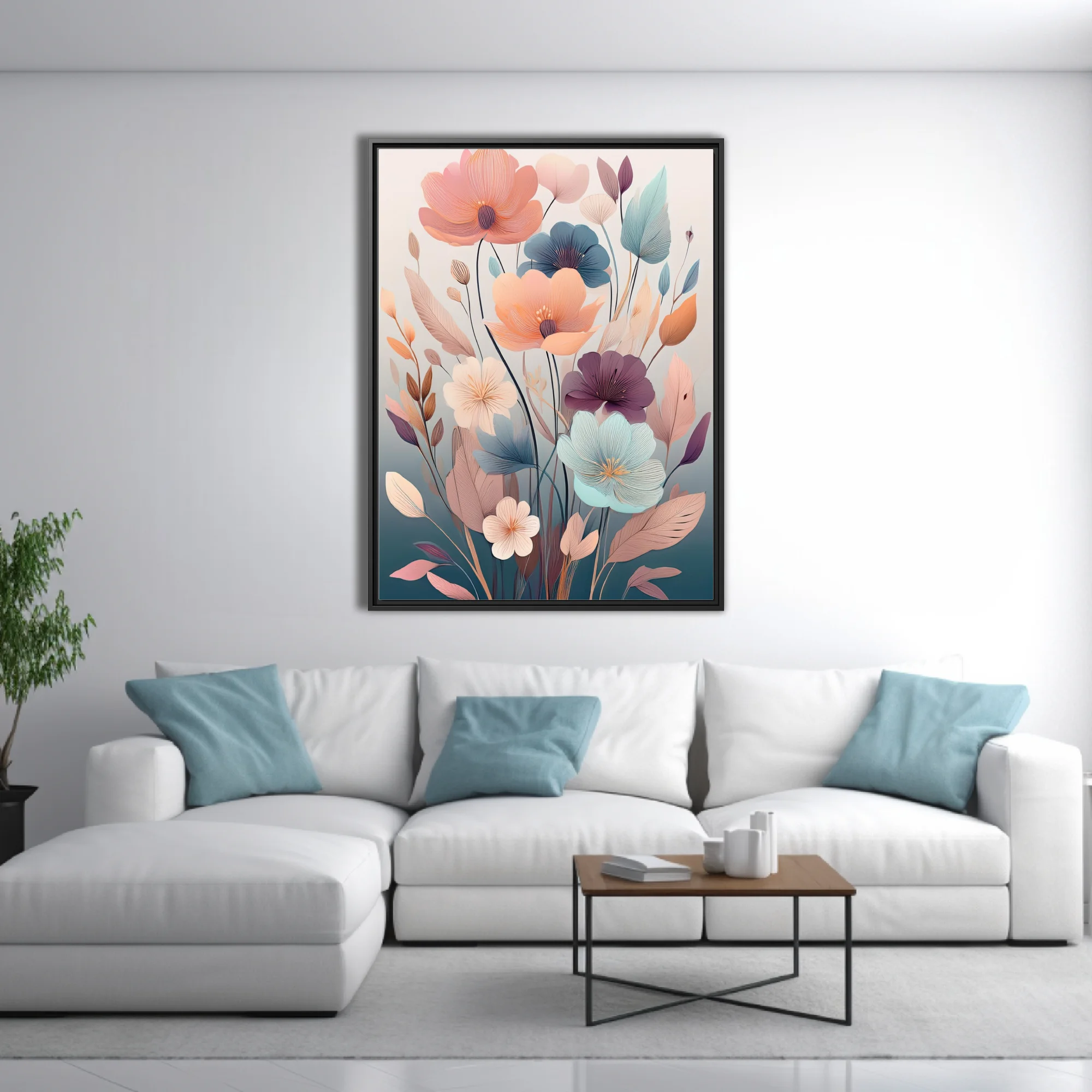 Boho abstract floral illustration with pastel blooms and muted botanical motifs