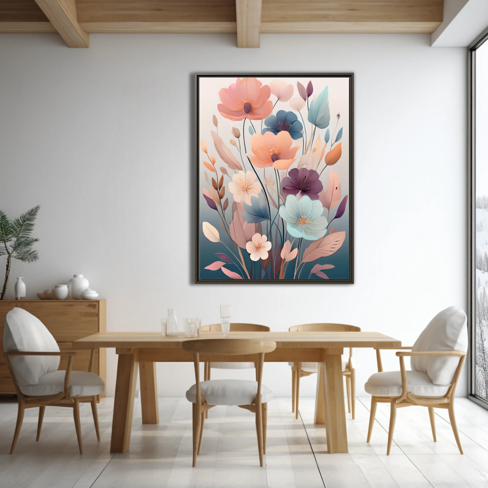 Boho abstract floral illustration with pastel blooms and muted botanical motifs