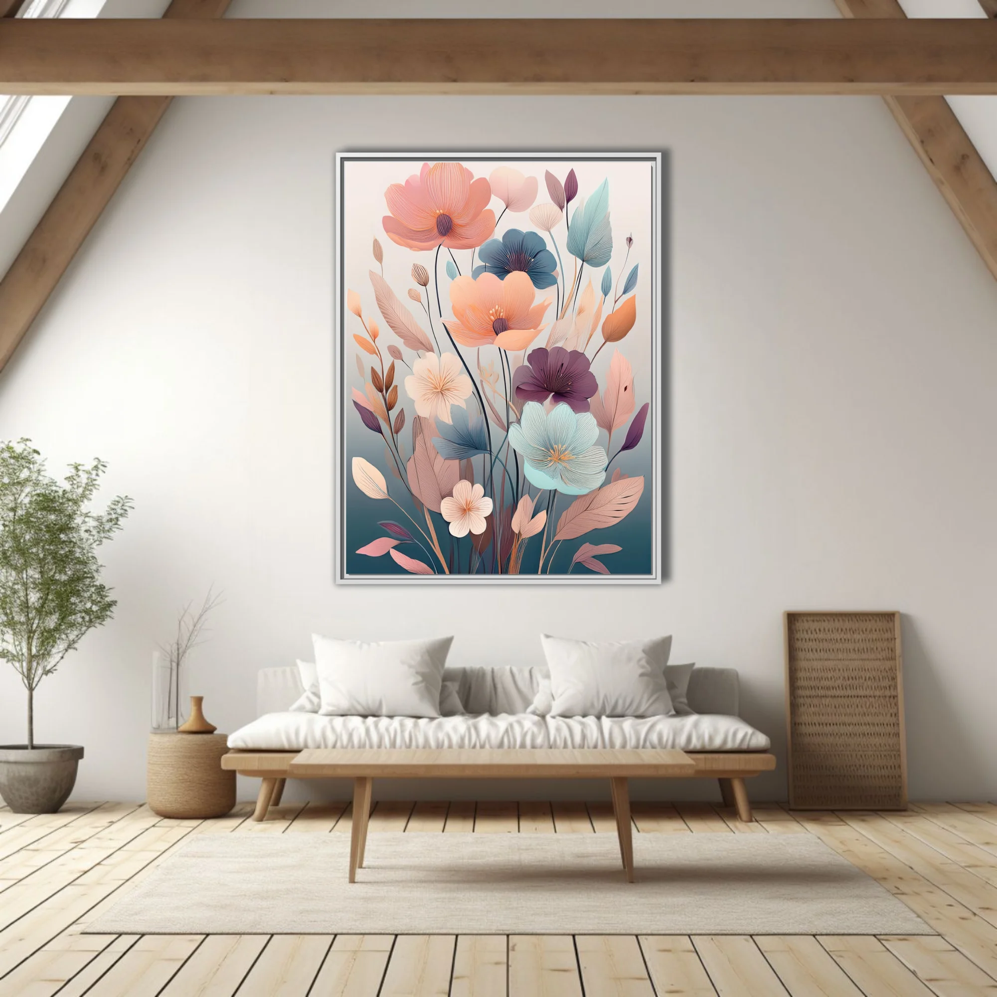 Boho abstract floral illustration with pastel blooms and muted botanical motifs