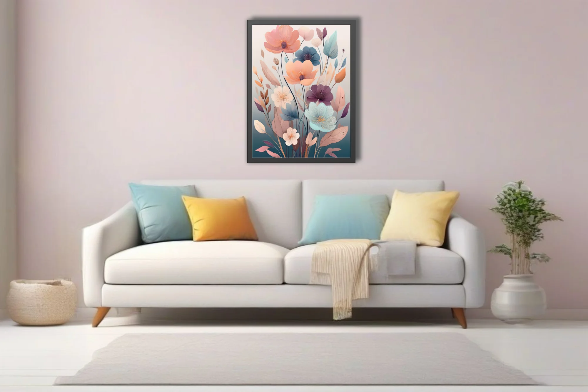 Boho abstract floral illustration with pastel blooms and muted botanical motifs