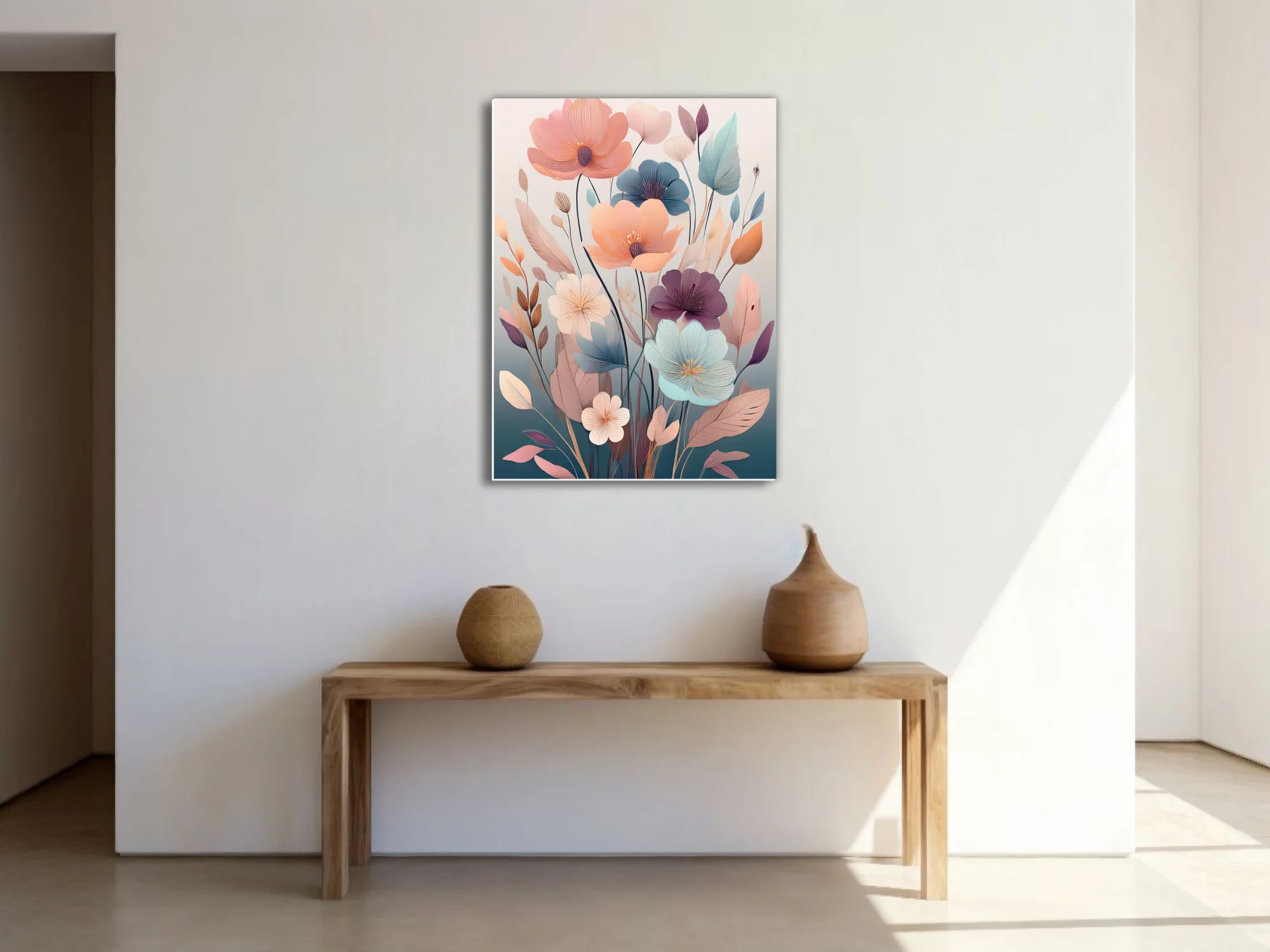 Boho abstract floral illustration with pastel blooms and muted botanical motifs