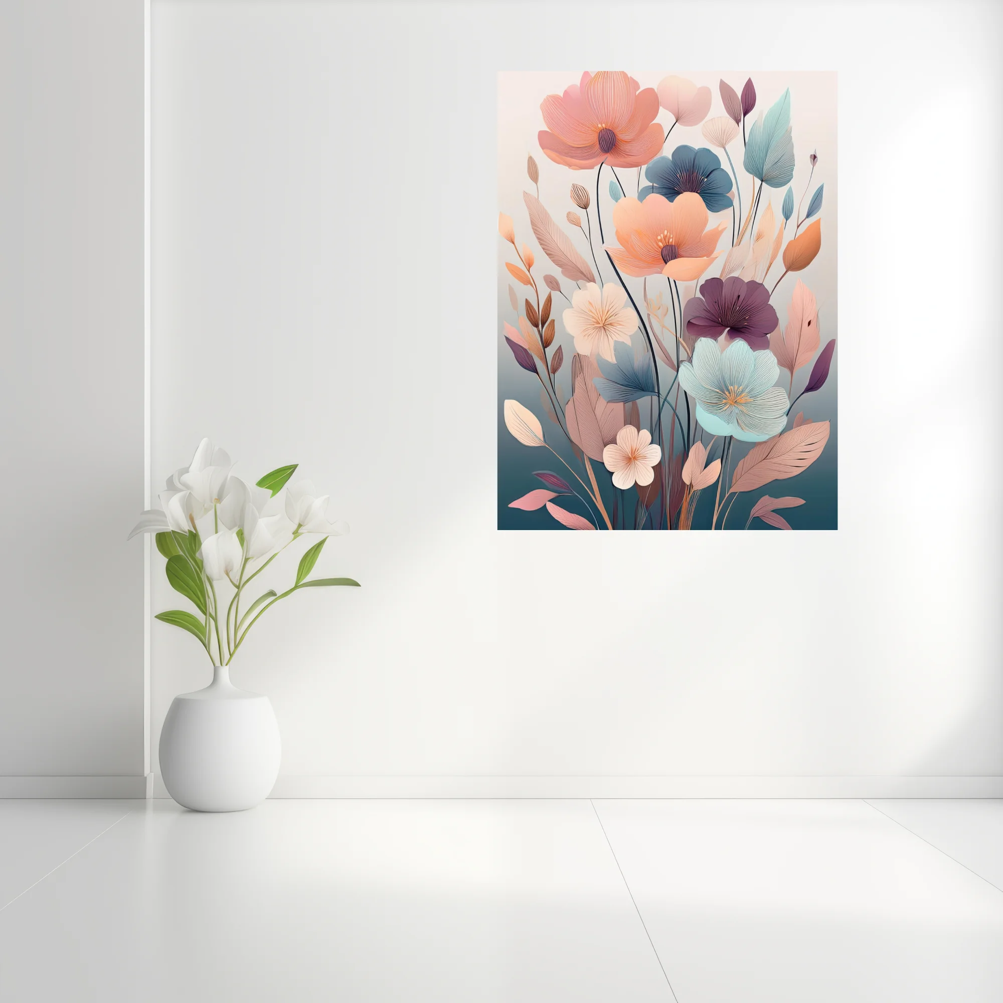 Boho abstract floral illustration with pastel blooms and muted botanical motifs