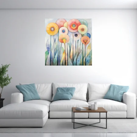 Abstract watercolor-style floral art with pastel circular blooms and elongated stems
