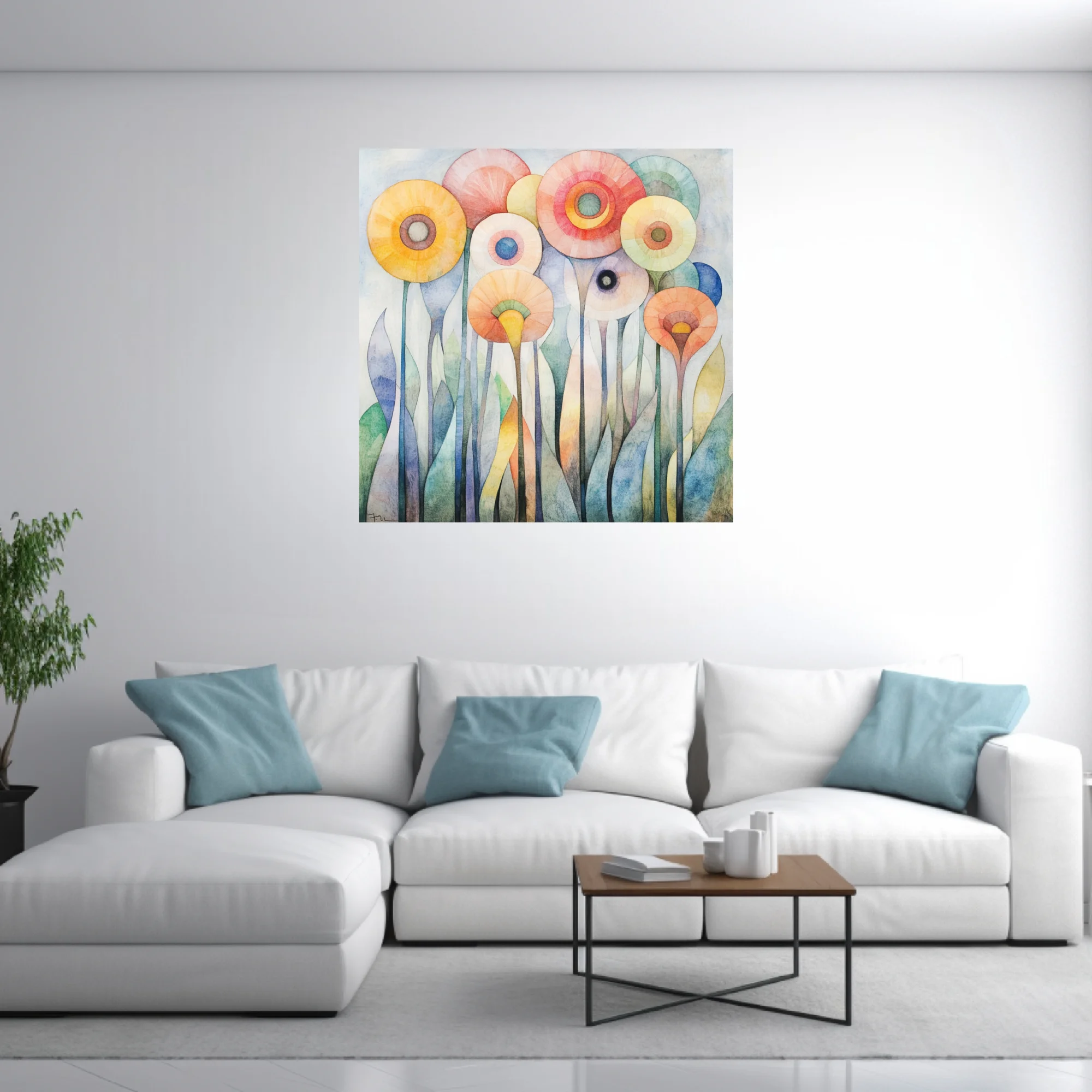 Abstract watercolor-style floral art with pastel circular blooms and elongated stems