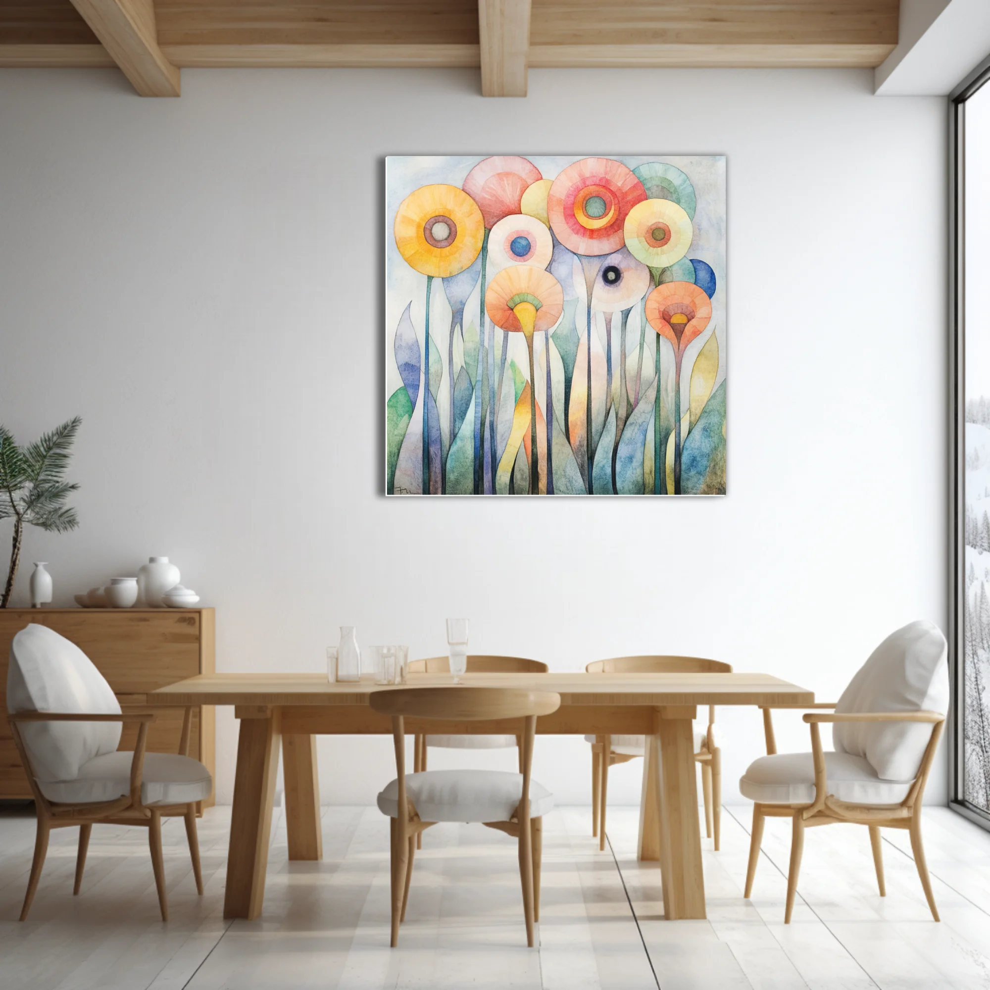 Abstract watercolor-style floral art with pastel circular blooms and elongated stems