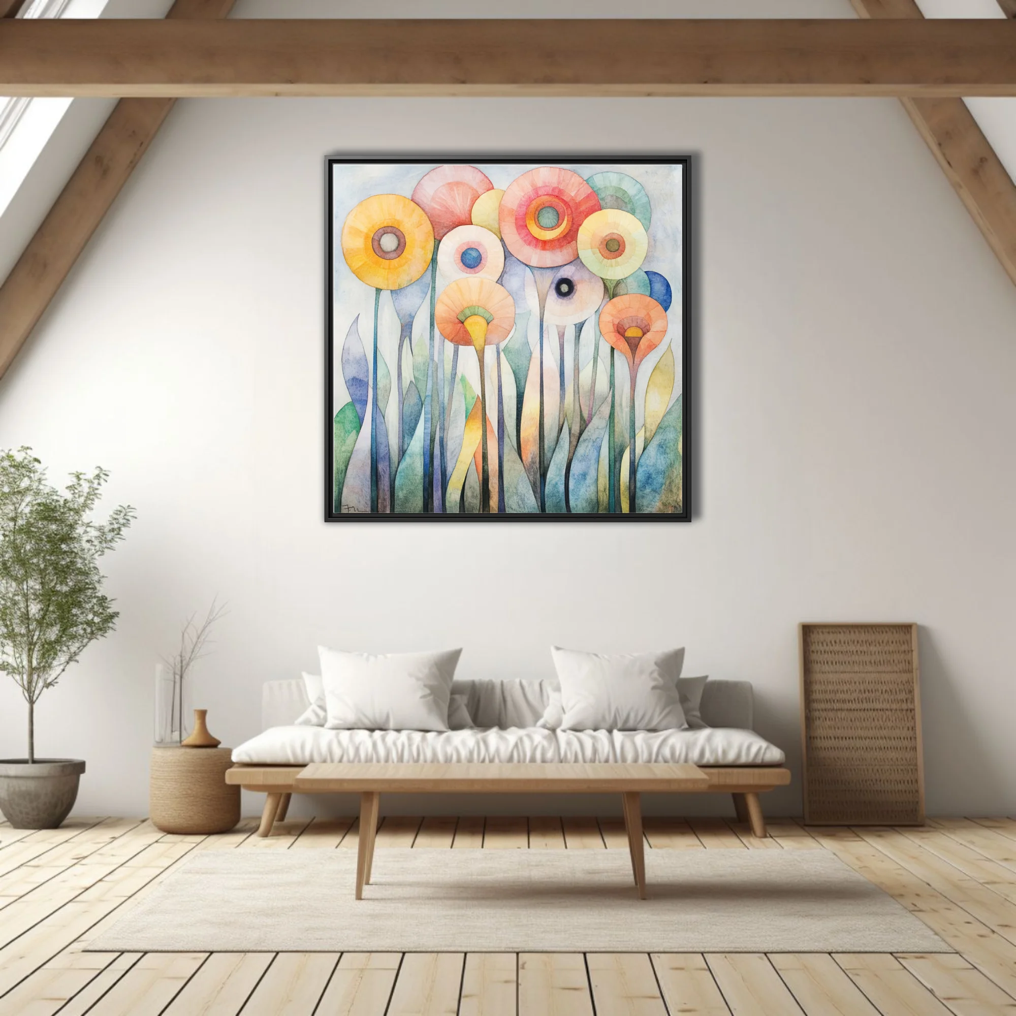 Abstract watercolor-style floral art with pastel circular blooms and elongated stems