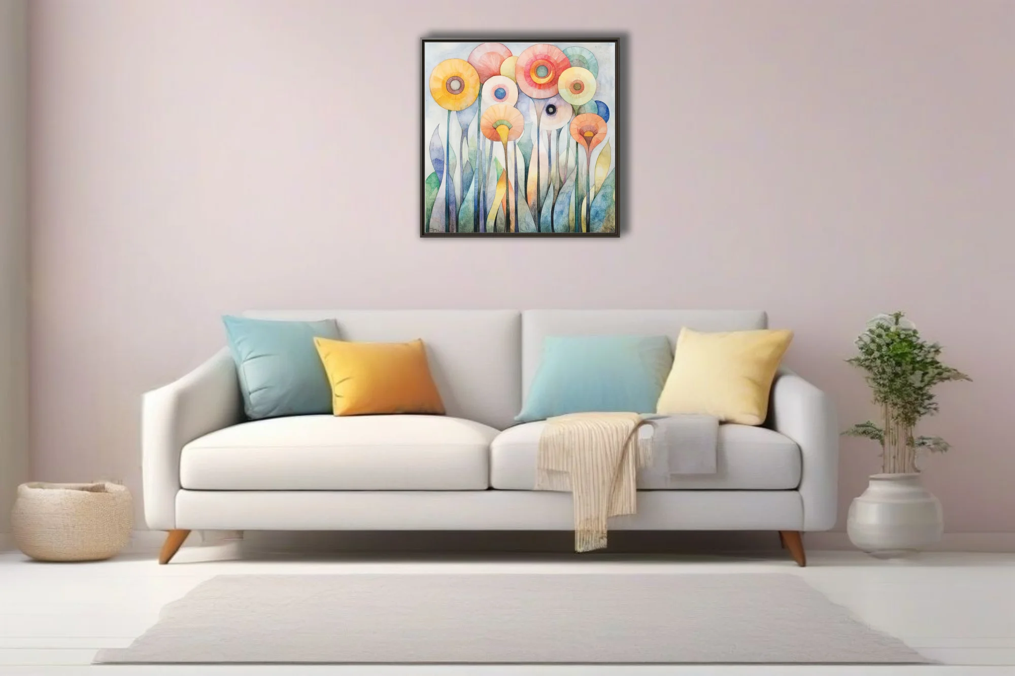 Abstract watercolor-style floral art with pastel circular blooms and elongated stems