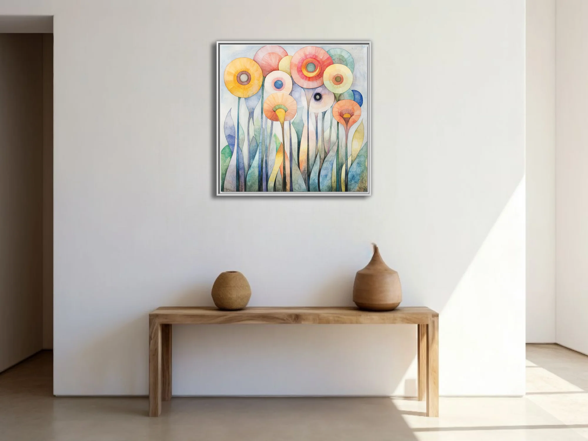 Abstract watercolor-style floral art with pastel circular blooms and elongated stems