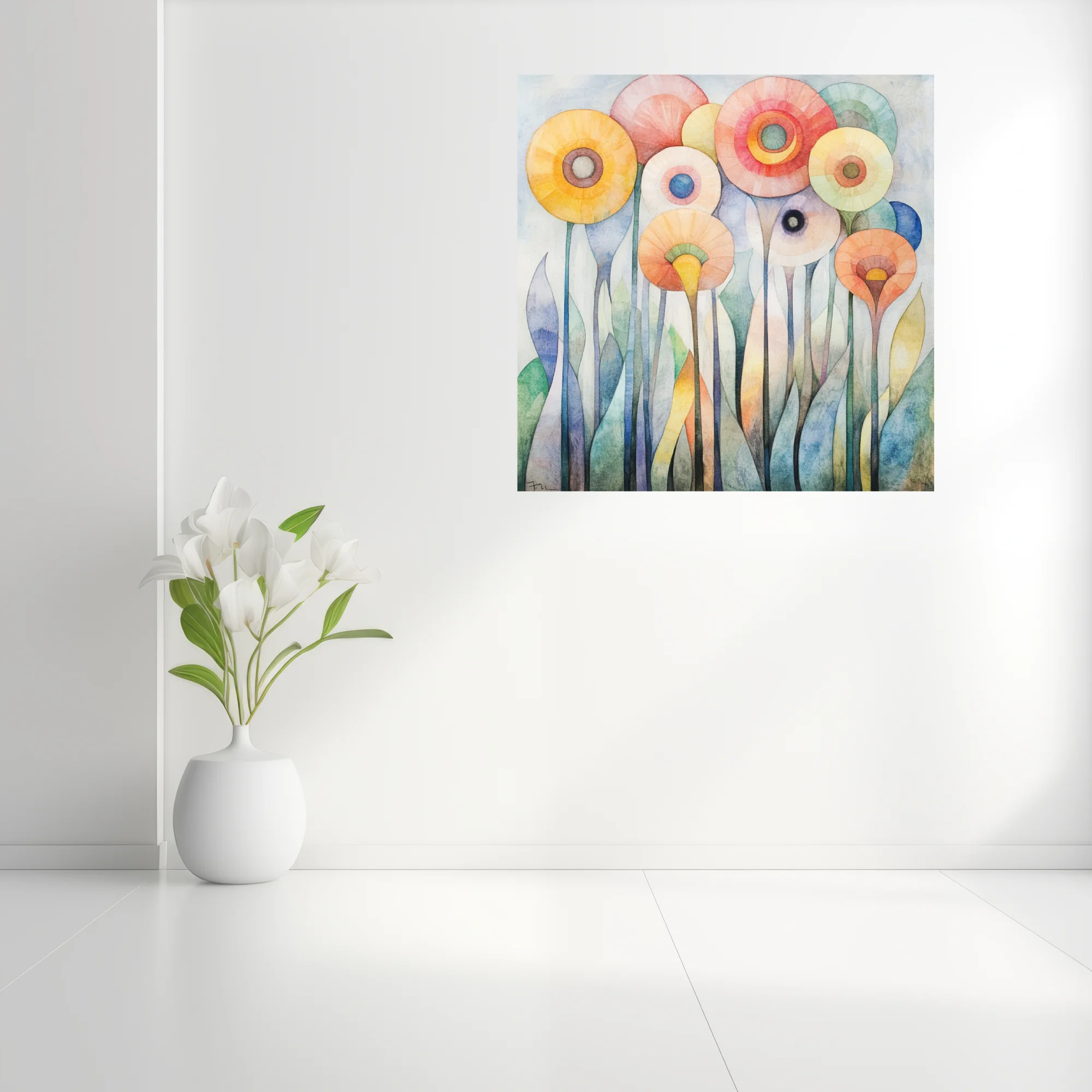 Abstract watercolor-style floral art with pastel circular blooms and elongated stems