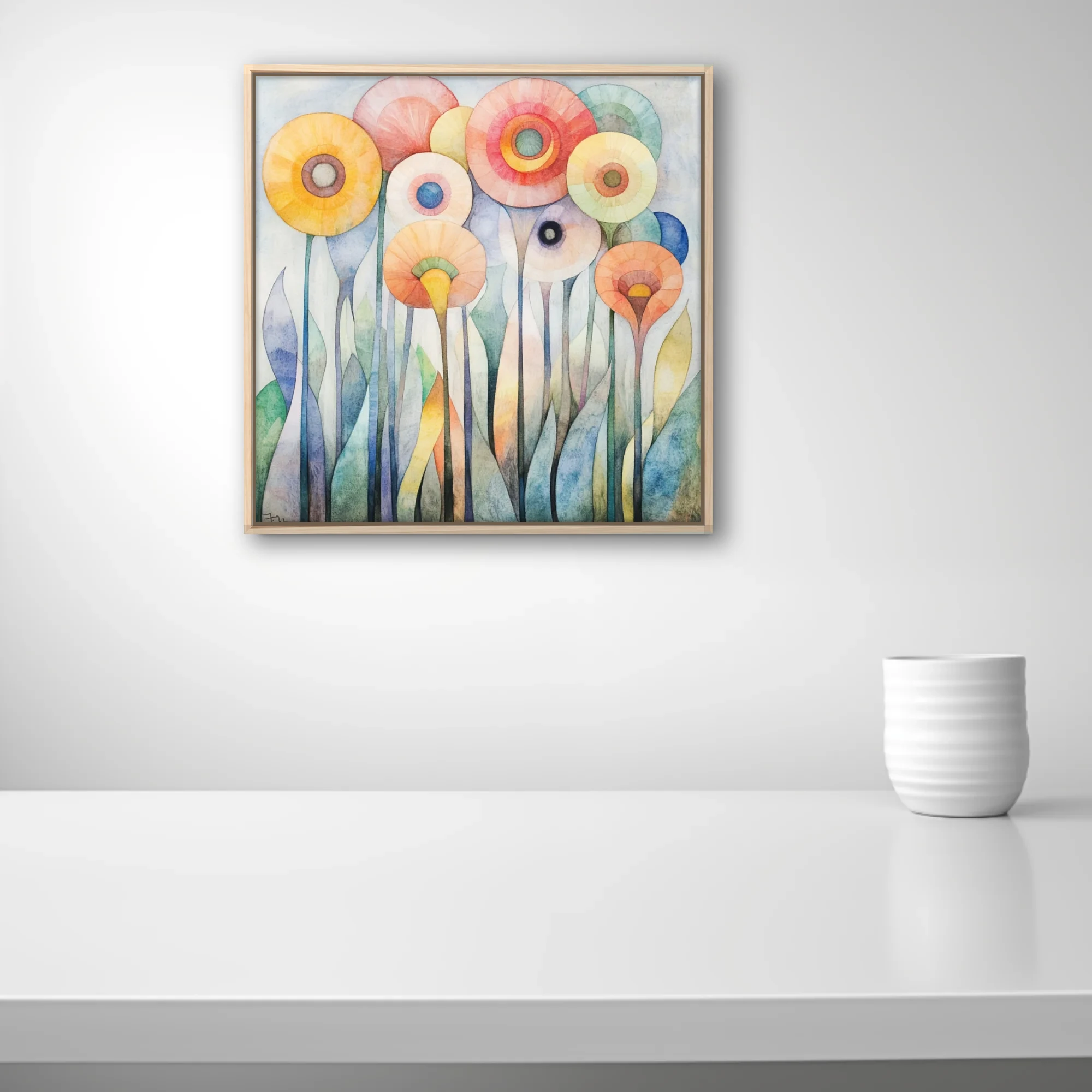 Abstract watercolor-style floral art with pastel circular blooms and elongated stems