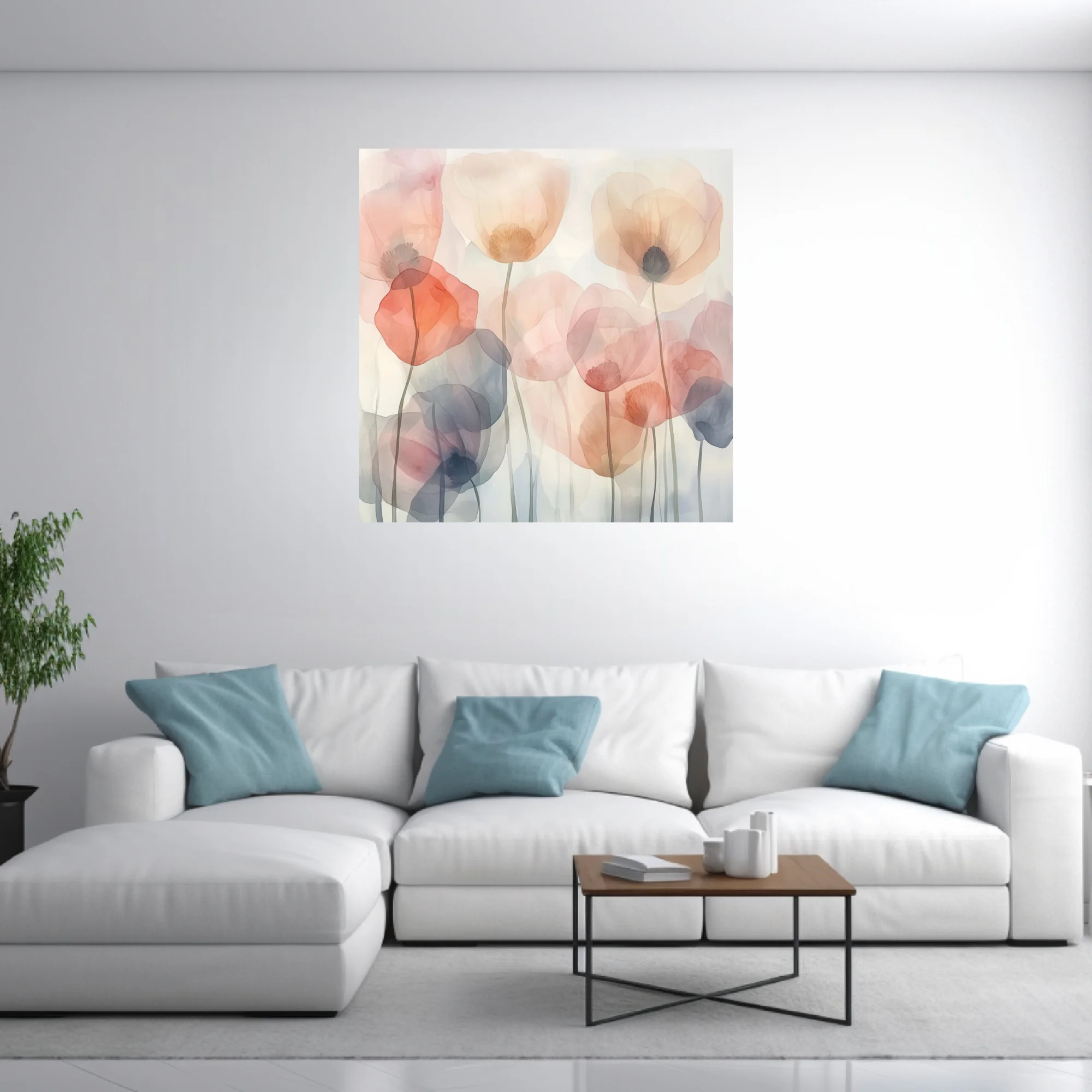 Watercolor-style abstract poppies in pastel blush, coral, and slate tones