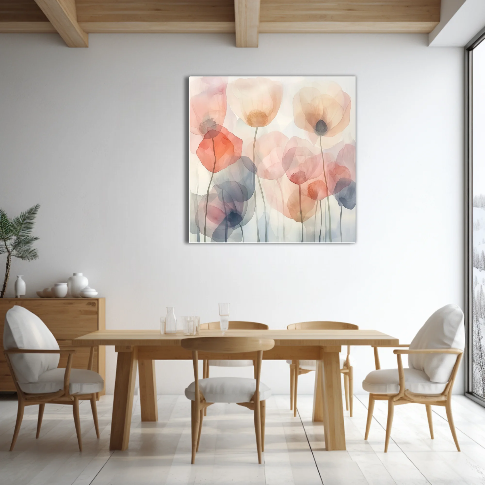 Watercolor-style abstract poppies in pastel blush, coral, and slate tones