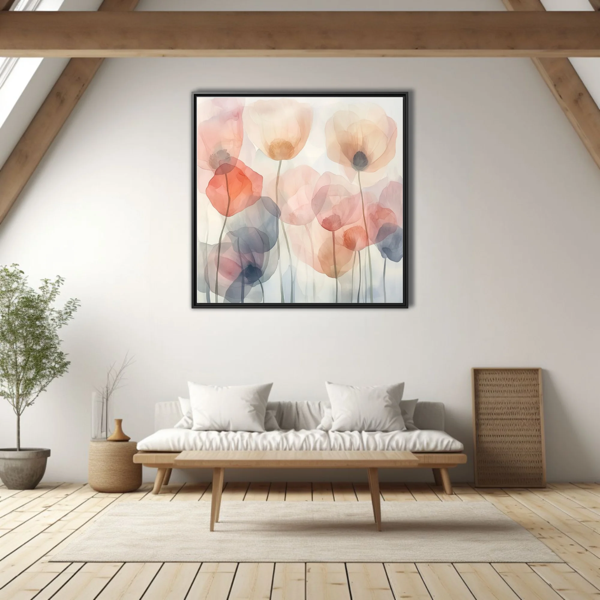 Watercolor-style abstract poppies in pastel blush, coral, and slate tones