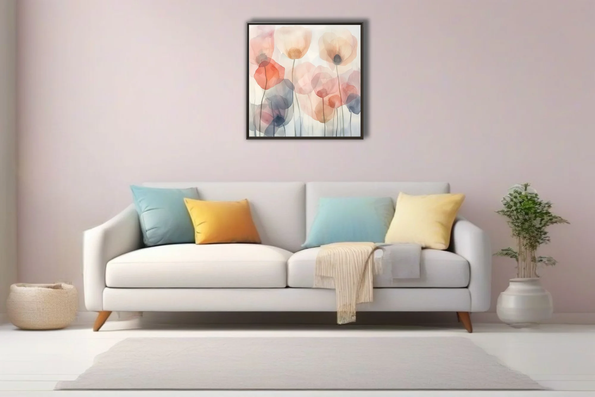 Watercolor-style abstract poppies in pastel blush, coral, and slate tones