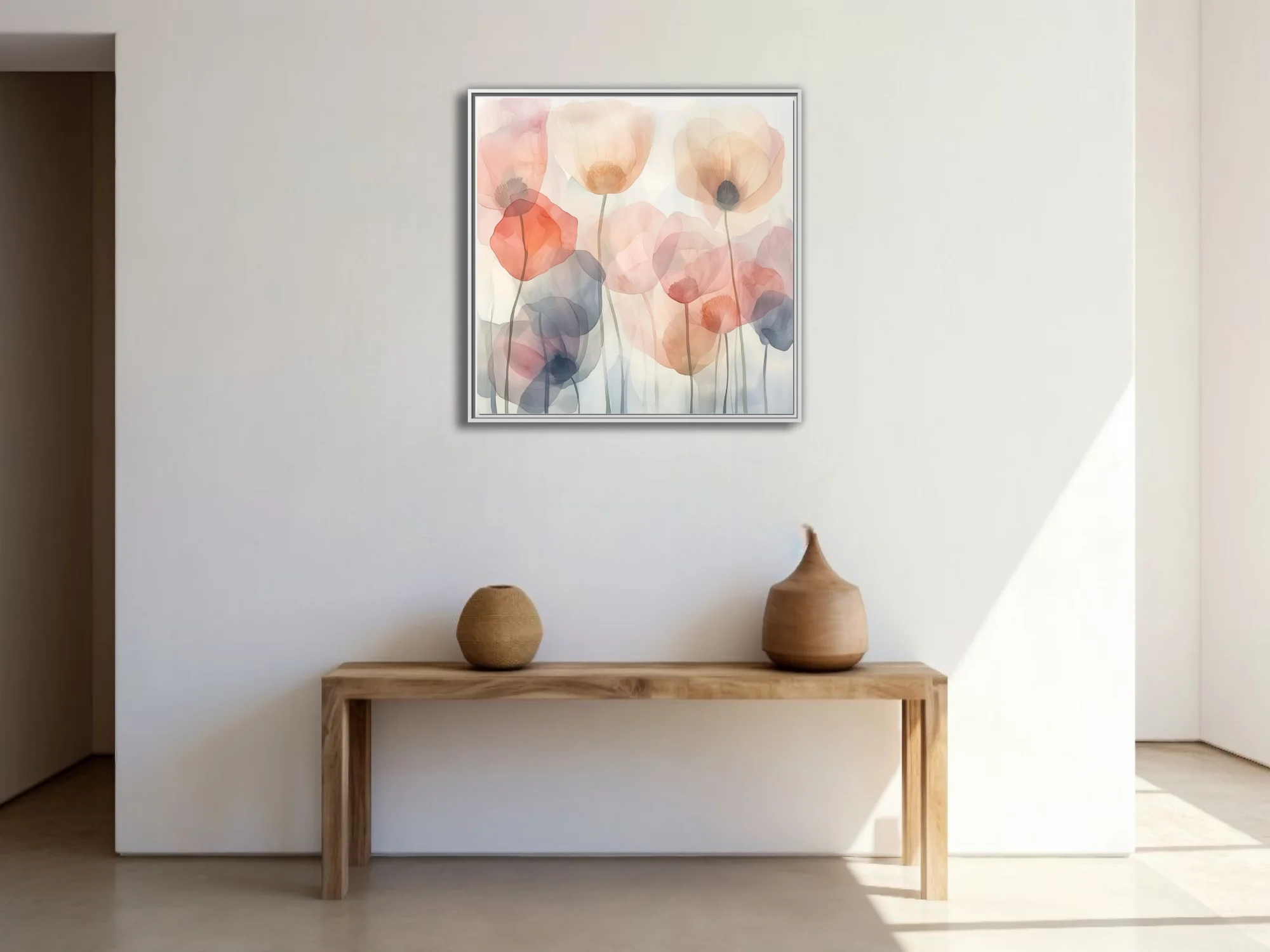 Watercolor-style abstract poppies in pastel blush, coral, and slate tones