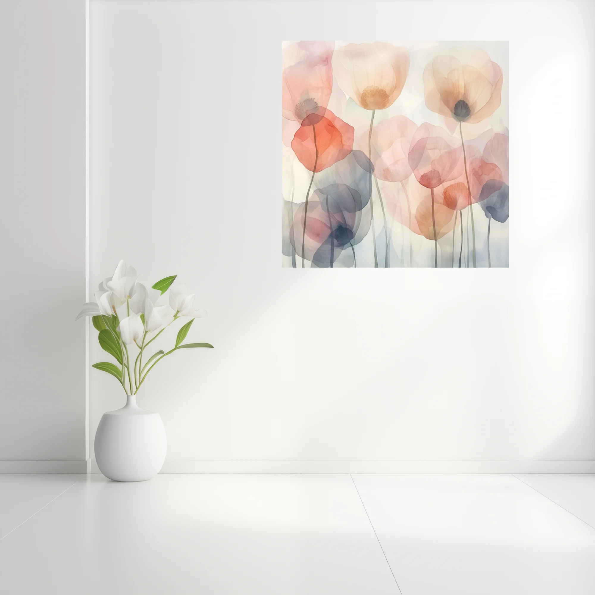 Watercolor-style abstract poppies in pastel blush, coral, and slate tones