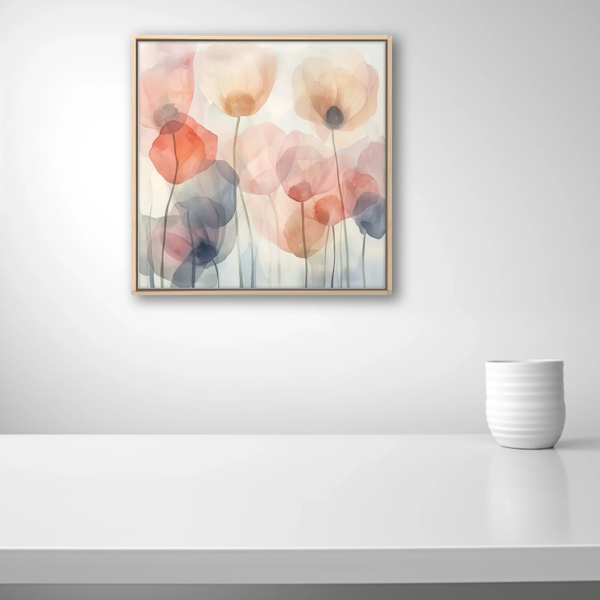 Watercolor-style abstract poppies in pastel blush, coral, and slate tones