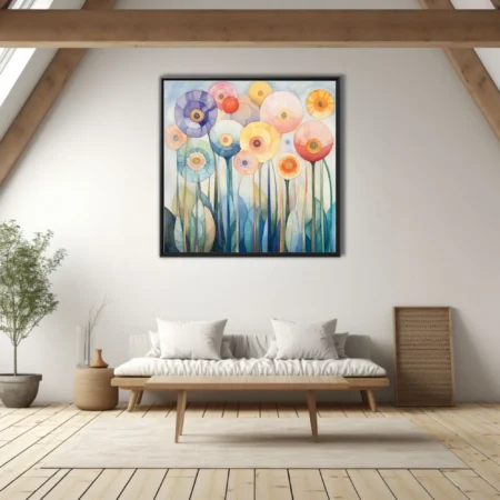 Abstract watercolor-style floral art with pastel circular blooms and soft botanical stems