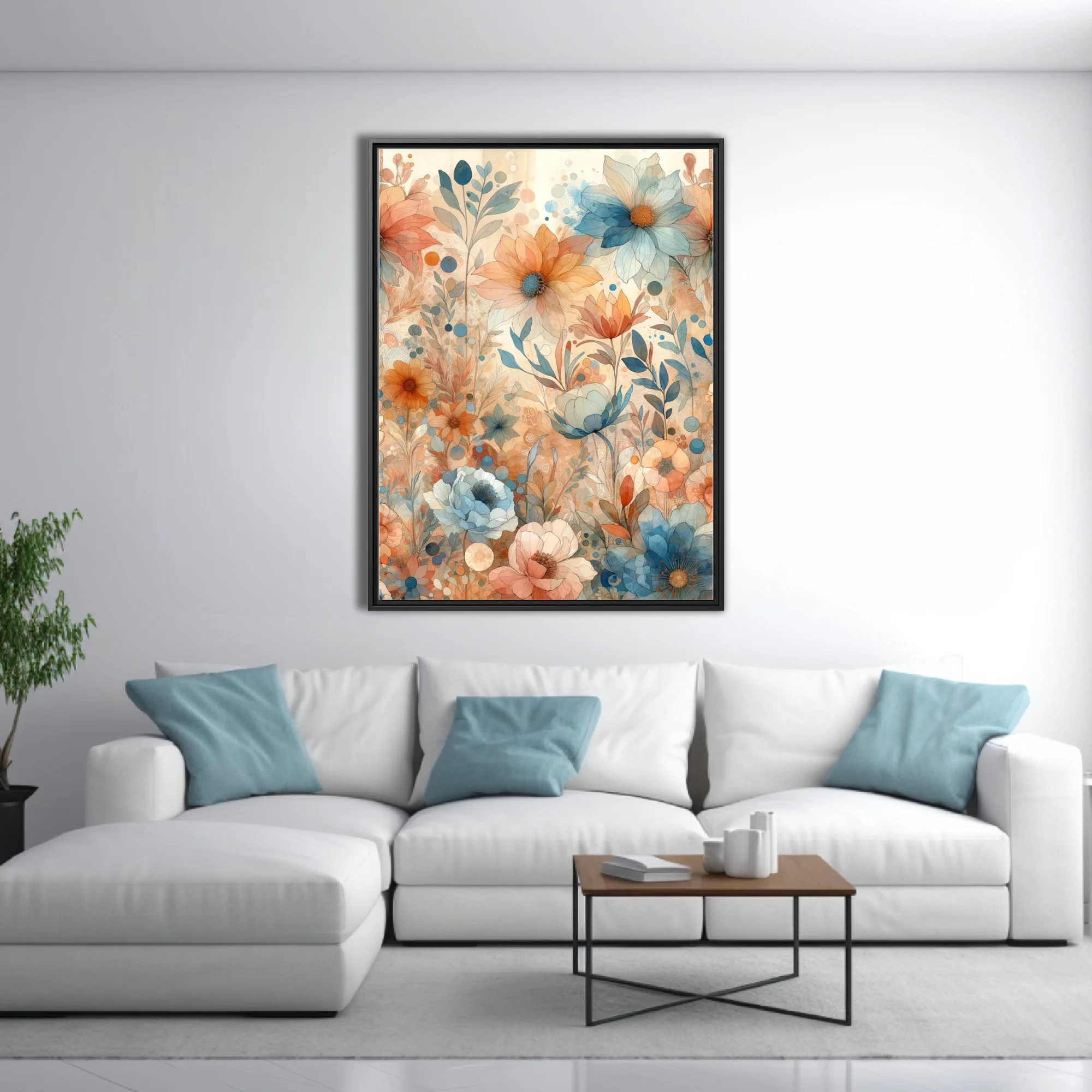 Boho floral watercolor-style art in terracotta and dusty blue pastel tones