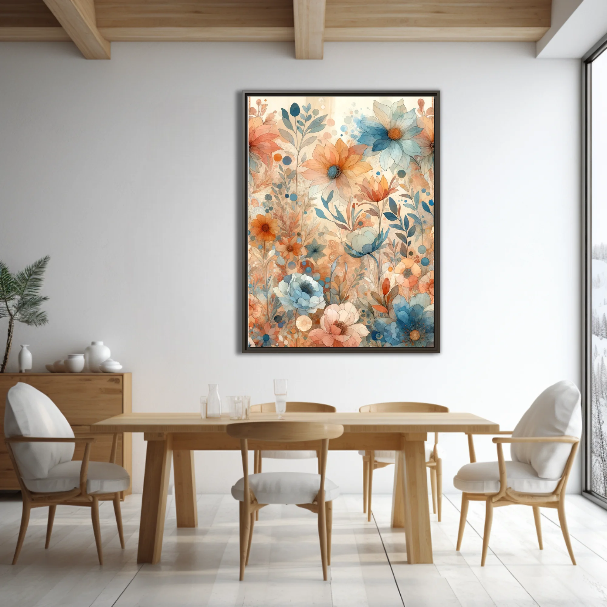 Boho floral watercolor-style art in terracotta and dusty blue pastel tones